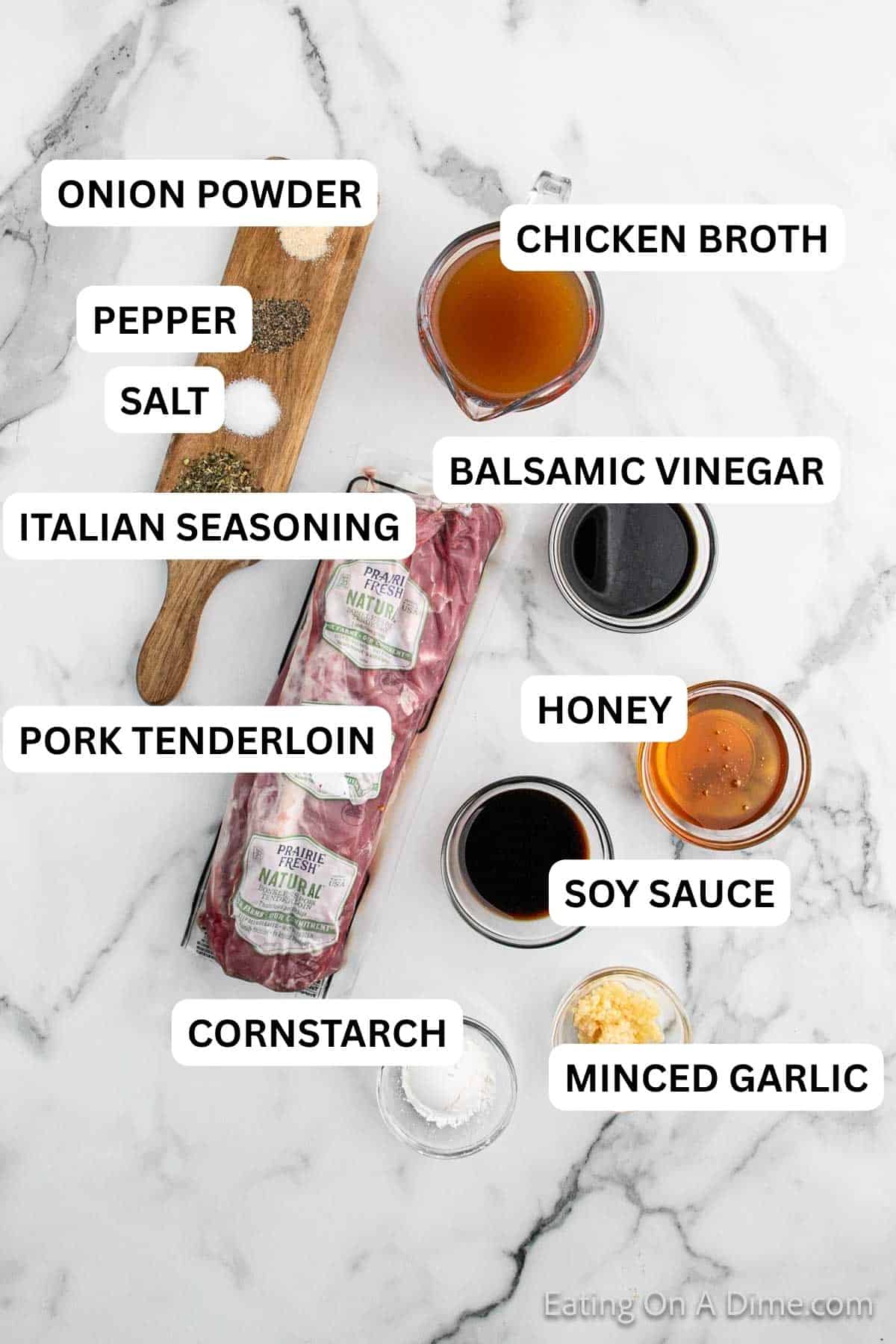 Ingredients to make this recipe which includes pork tenderloin, garlic, Italian seasoning, salt, pepper, onion powder, chicken broth, soy sauce, balsamic vinegar, honey, and cornstarch.