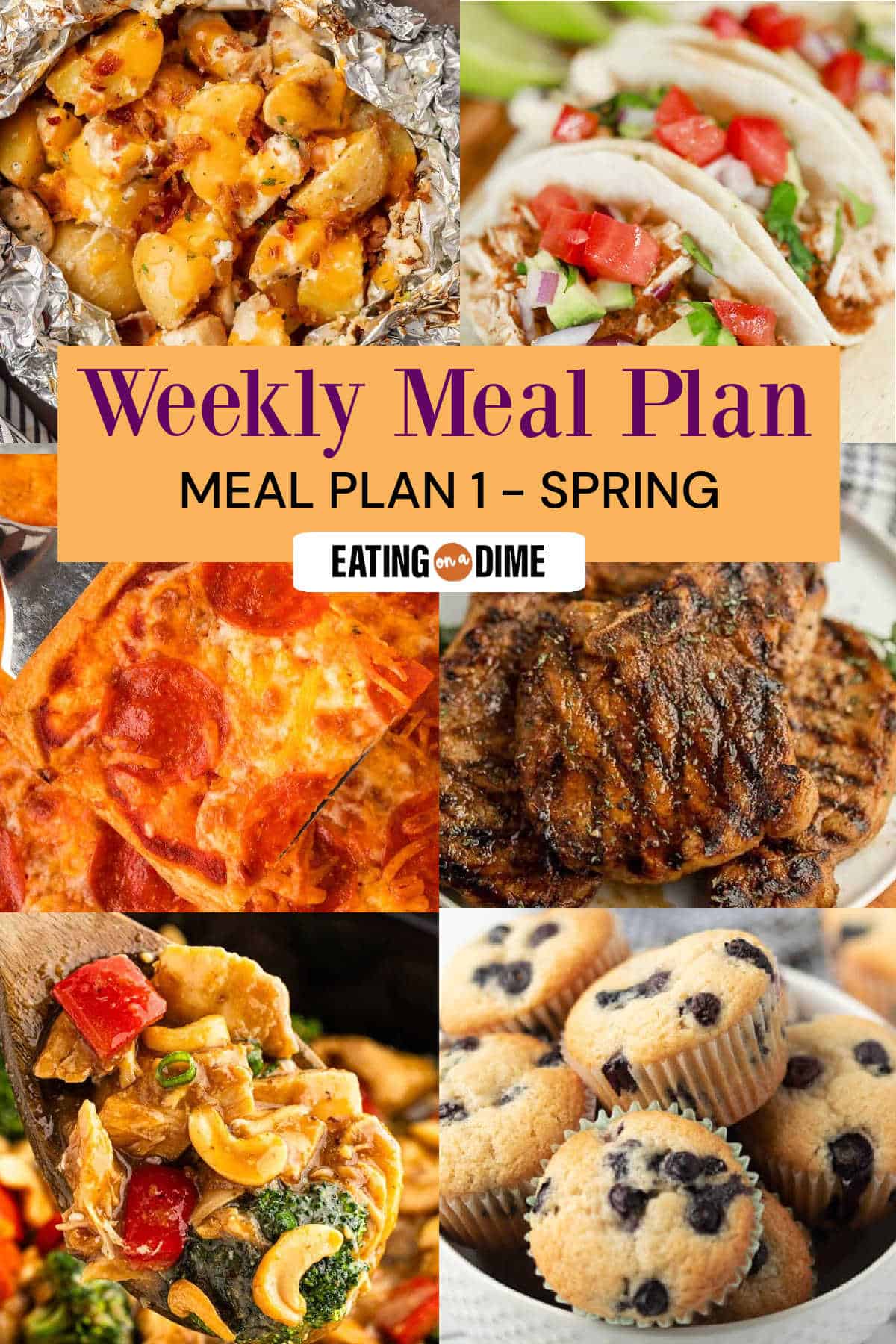 Picture of the meals from this week's meal plan: Crack Chicken Foil Packs, Chipotle Chicken Tacos, Crescent Roll Pizza, Pork Chop Marinade, Crock Pot Cashew Chicken and Blueberry Muffins 