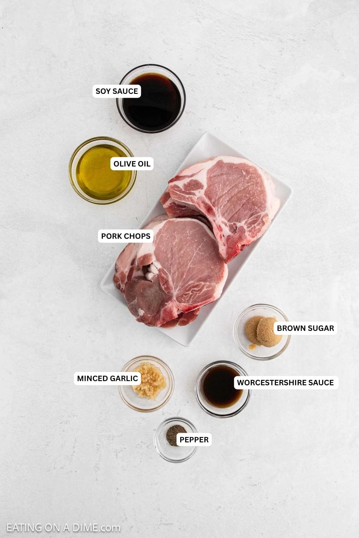 Ingredients for recipe: soy sauce, olive oil, pork chops, brown sugar minced garlic, Worcestershire sauce and pepper.