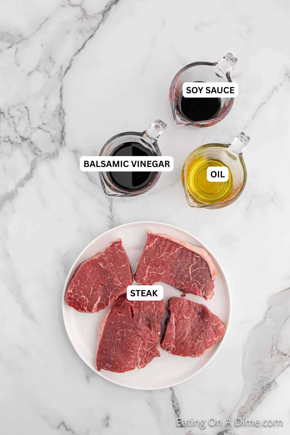 Ingredients for recipe: soy sauce, balsamic vinegar, oil and steak.