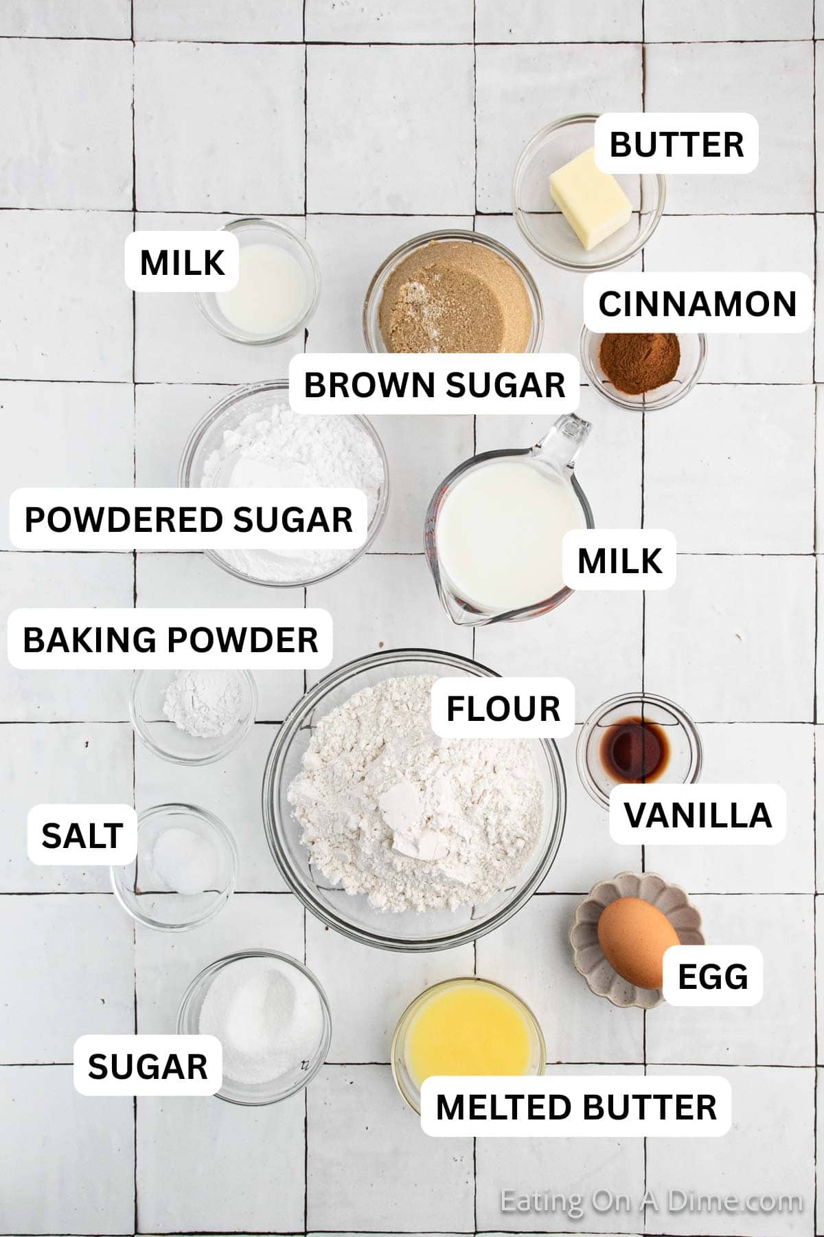 Ingredients needed for this recipe includes Flour, baking powder, salt, sugar, butter, egg, milk, brown sugar, cinnamon, powdered sugar, vanilla.