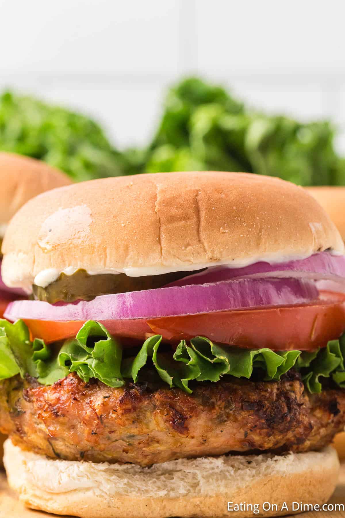 Grilled Chicken Burger topped with lettuce, tomato, red onions