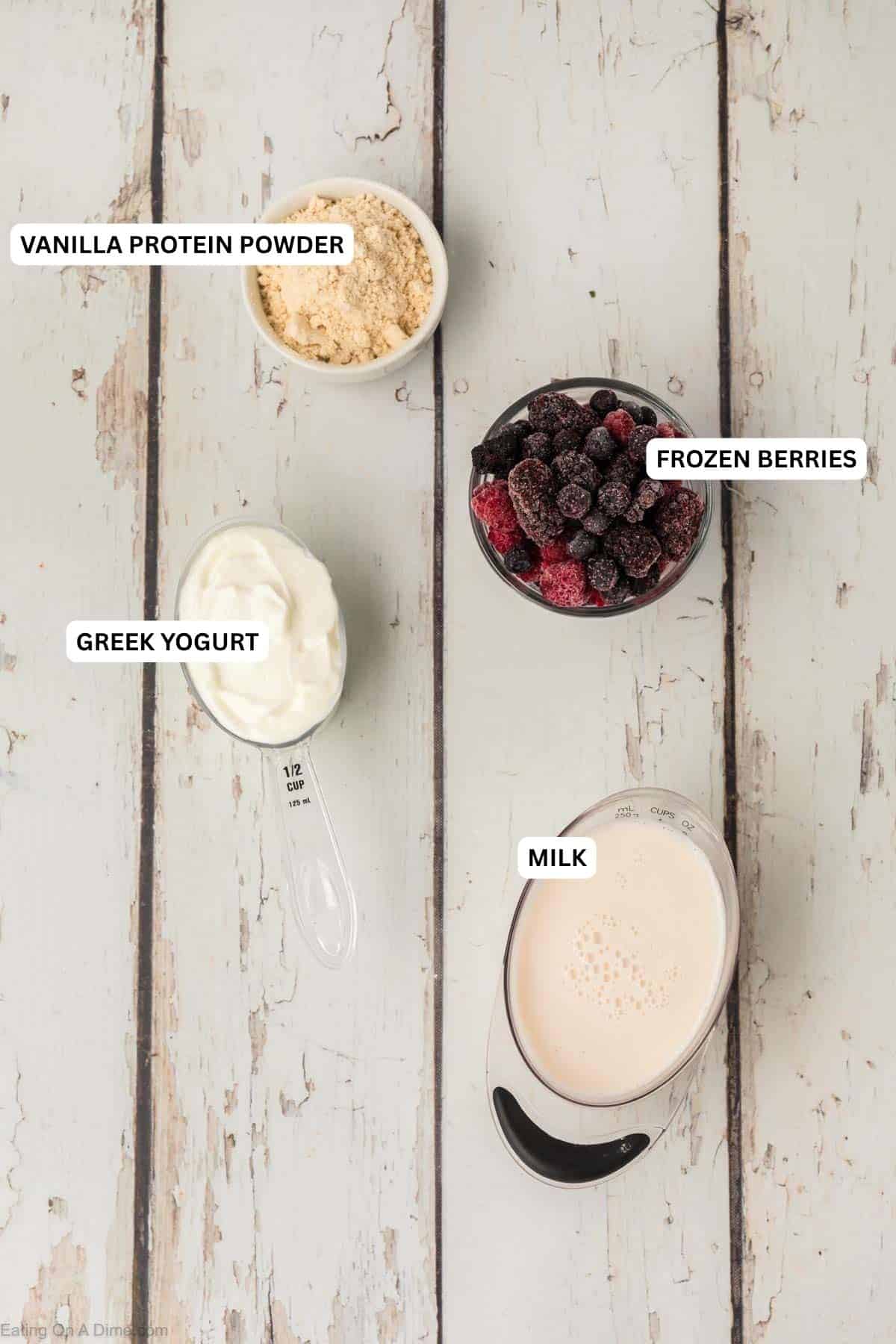 Ingredients for recipe: frozen berries, Greek yogurt and milk.