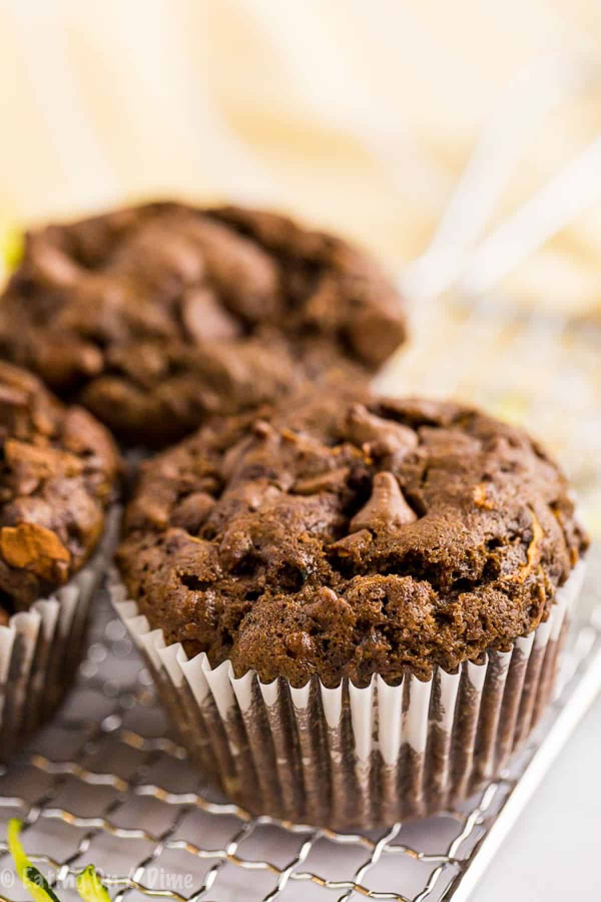 You have to try these easy Chocolate Zucchini Muffins next time your kids are begging for homemade breakfast. They are easy to make and taste amazing. Chocolate Zucchini Muffins on a serving platter