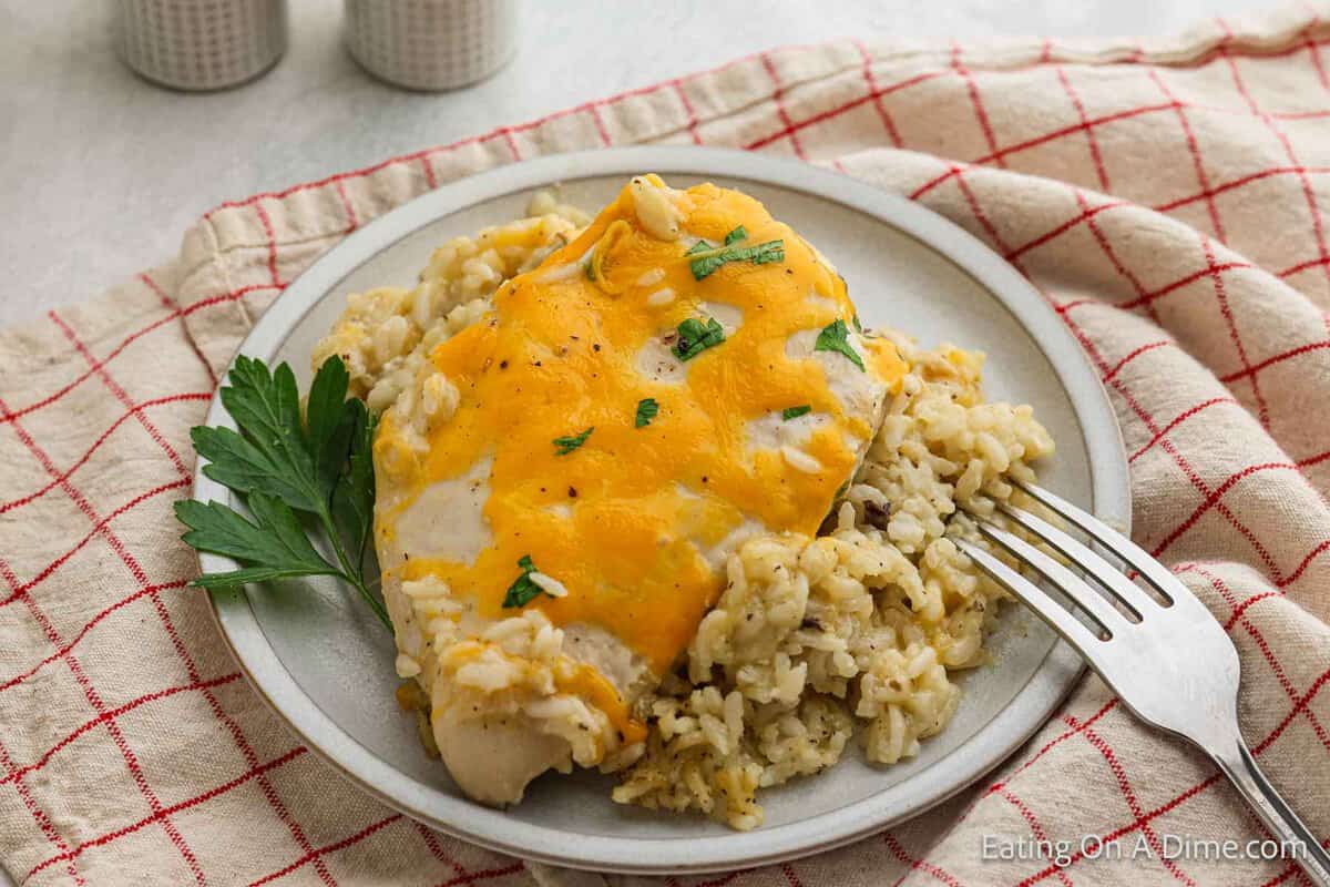 Chicken and Rice topped with melted cheese on a plate. 