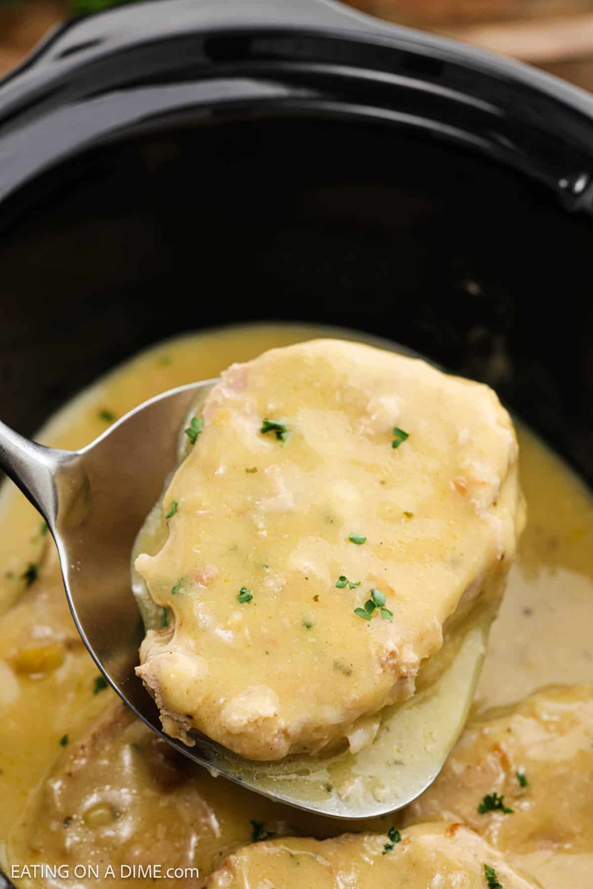Pork chops coated with gravy on a spatula over pork chops in the crock pot.