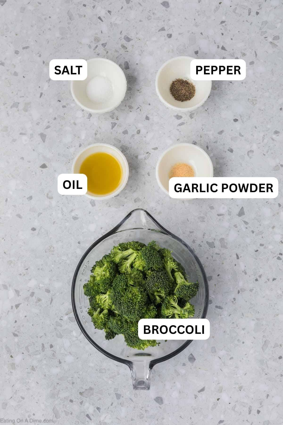 Ingredients needed to make this recipe includes broccoli, salt, pepper, oil, and garlic powder.