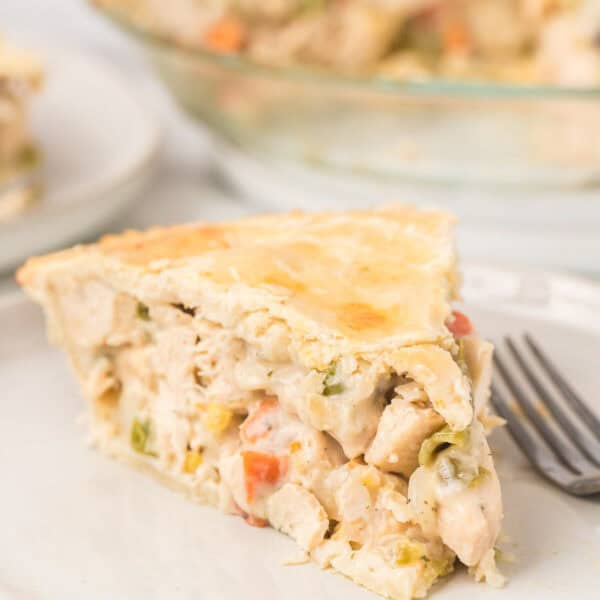 A close-up of a slice of creamy Double Crust Chicken Pot Pie with vegetables in a flaky crust, served on a white plate next to a fork. The rest of the homemade pie is visible in the background.