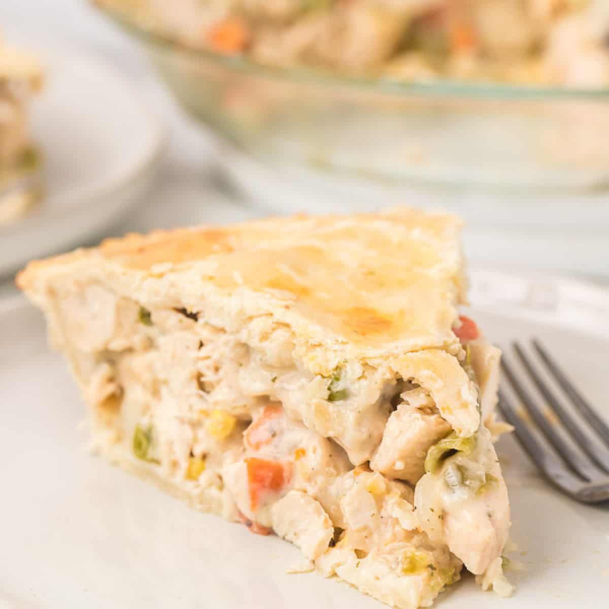A close-up of a slice of creamy Double Crust Chicken Pot Pie with vegetables in a flaky crust, served on a white plate next to a fork. The rest of the homemade pie is visible in the background.