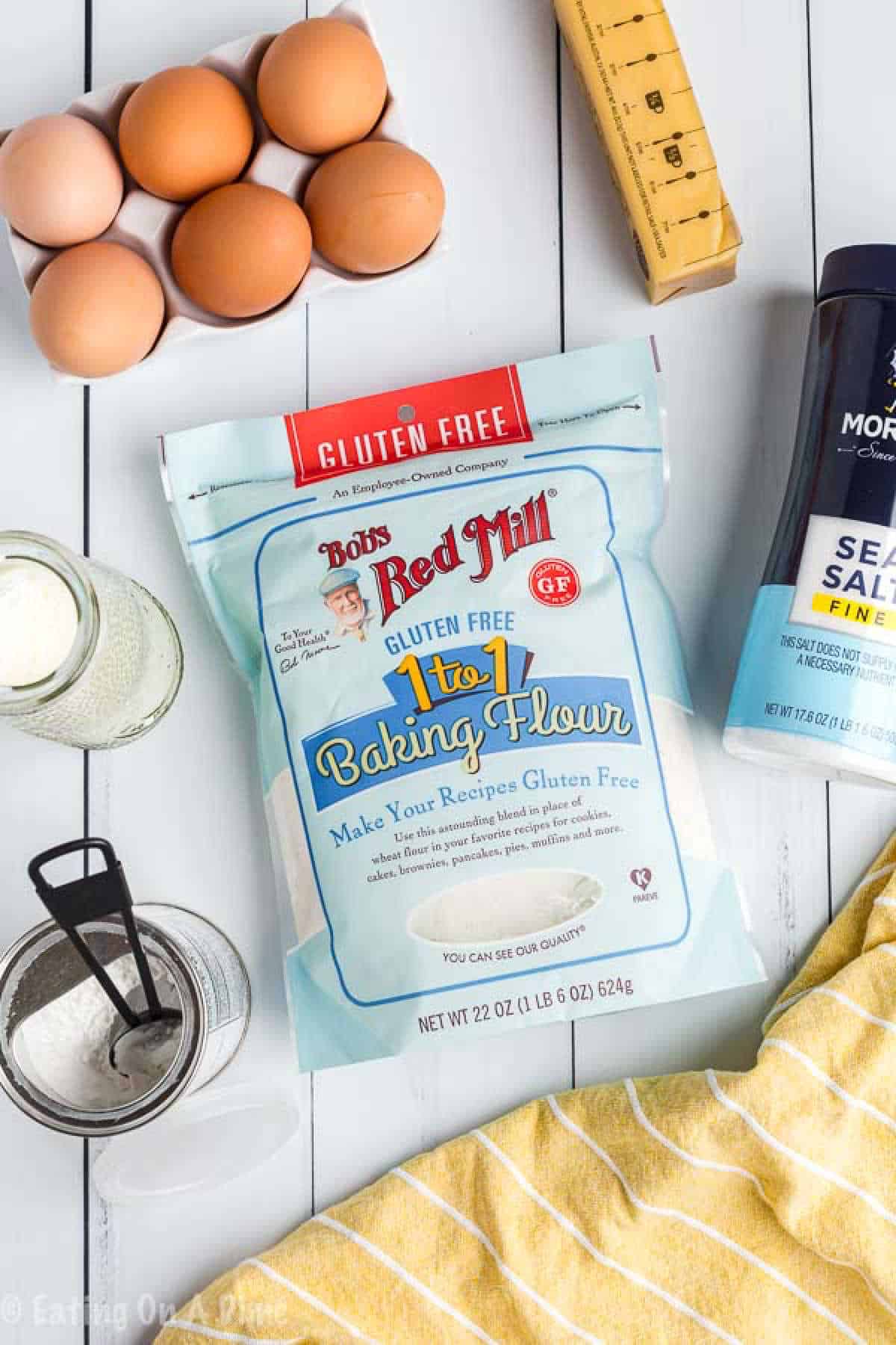 Ingredients - Gluten Free Flour, baking powder, salt, egg, milk, stick of butter