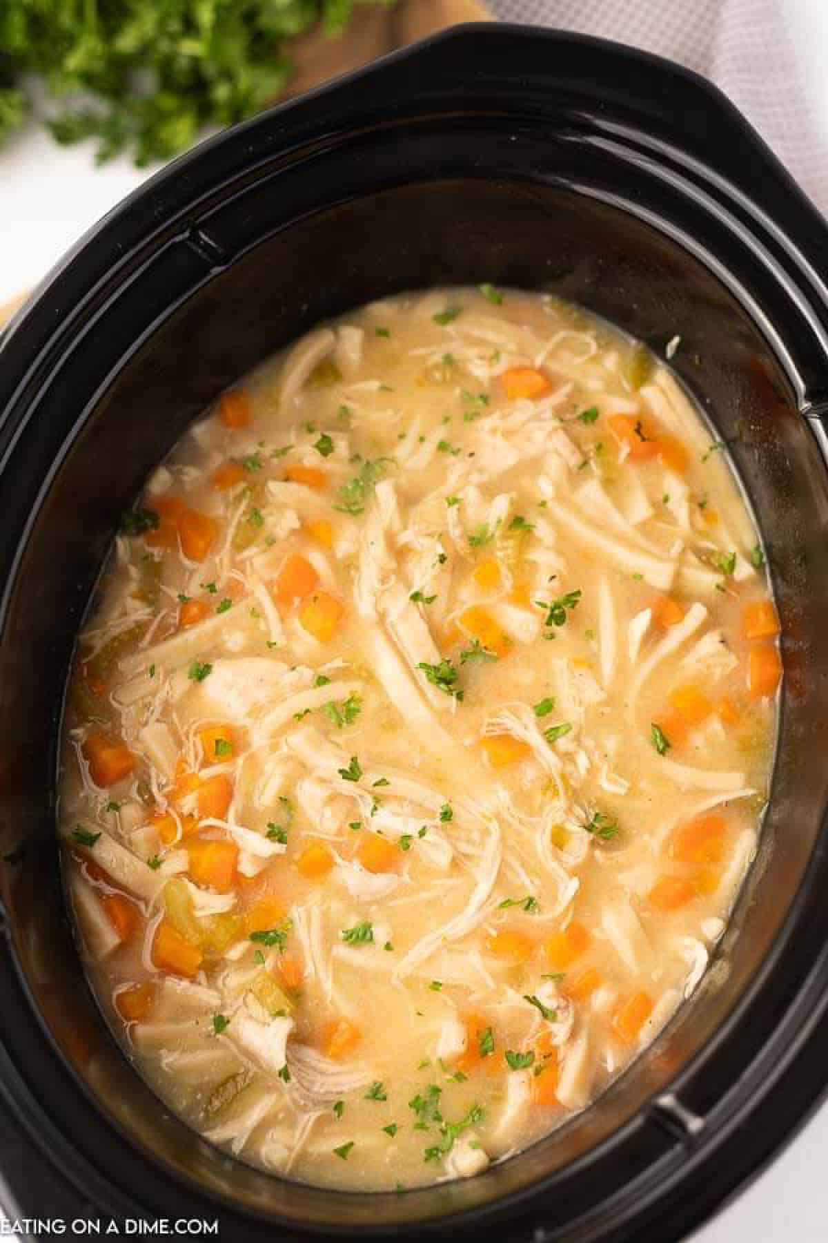Close up image of chicken noodle soup in a black crockpot bowl. 