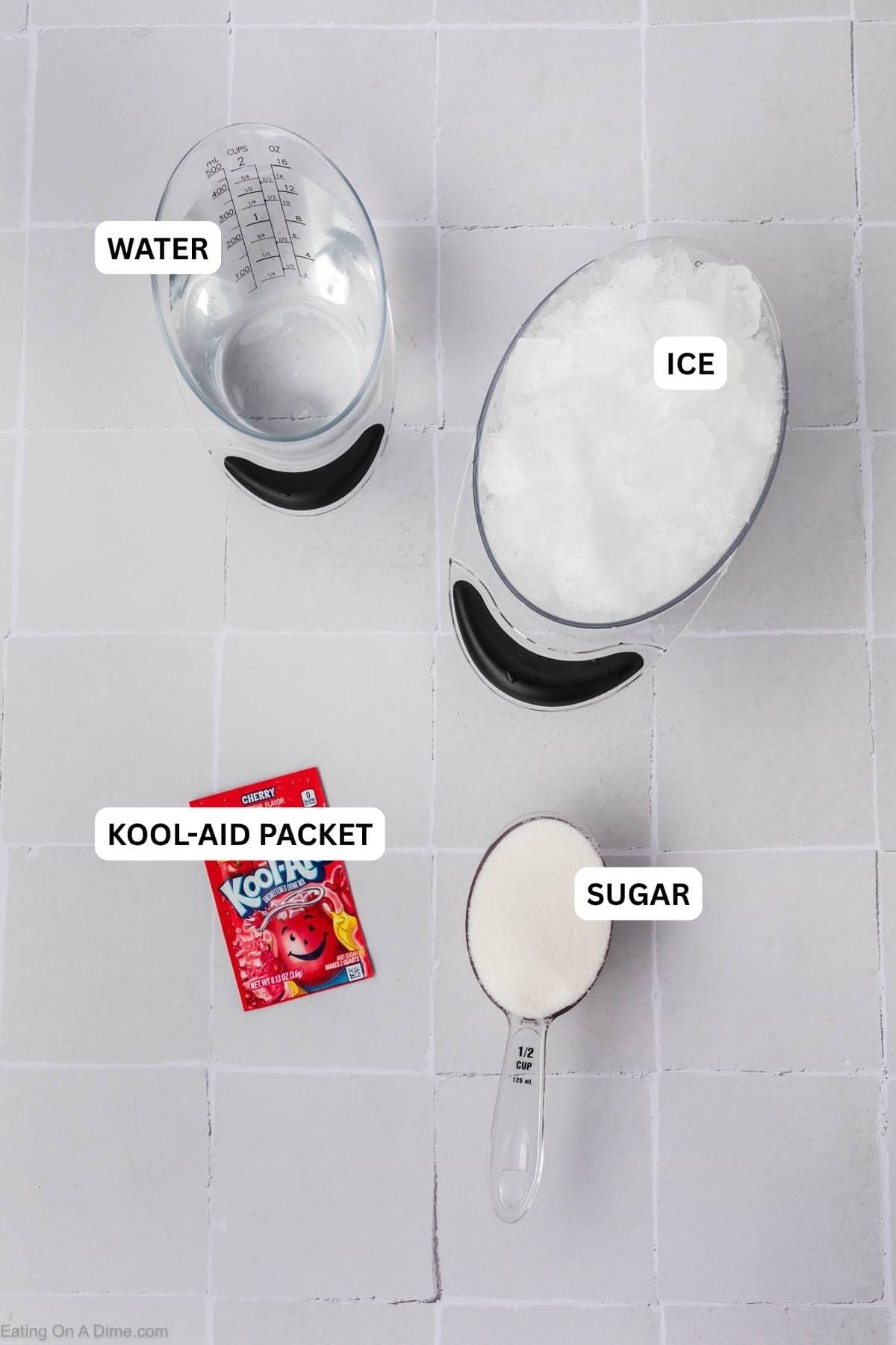 Ingredients for recipe: water, ice, sugar and kool aid packets.