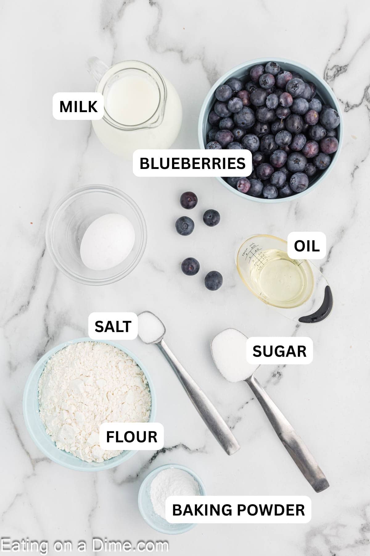Ingredients for recipe: Flour, sugar, baking powder, salt, egg, milk, oil, blueberries.