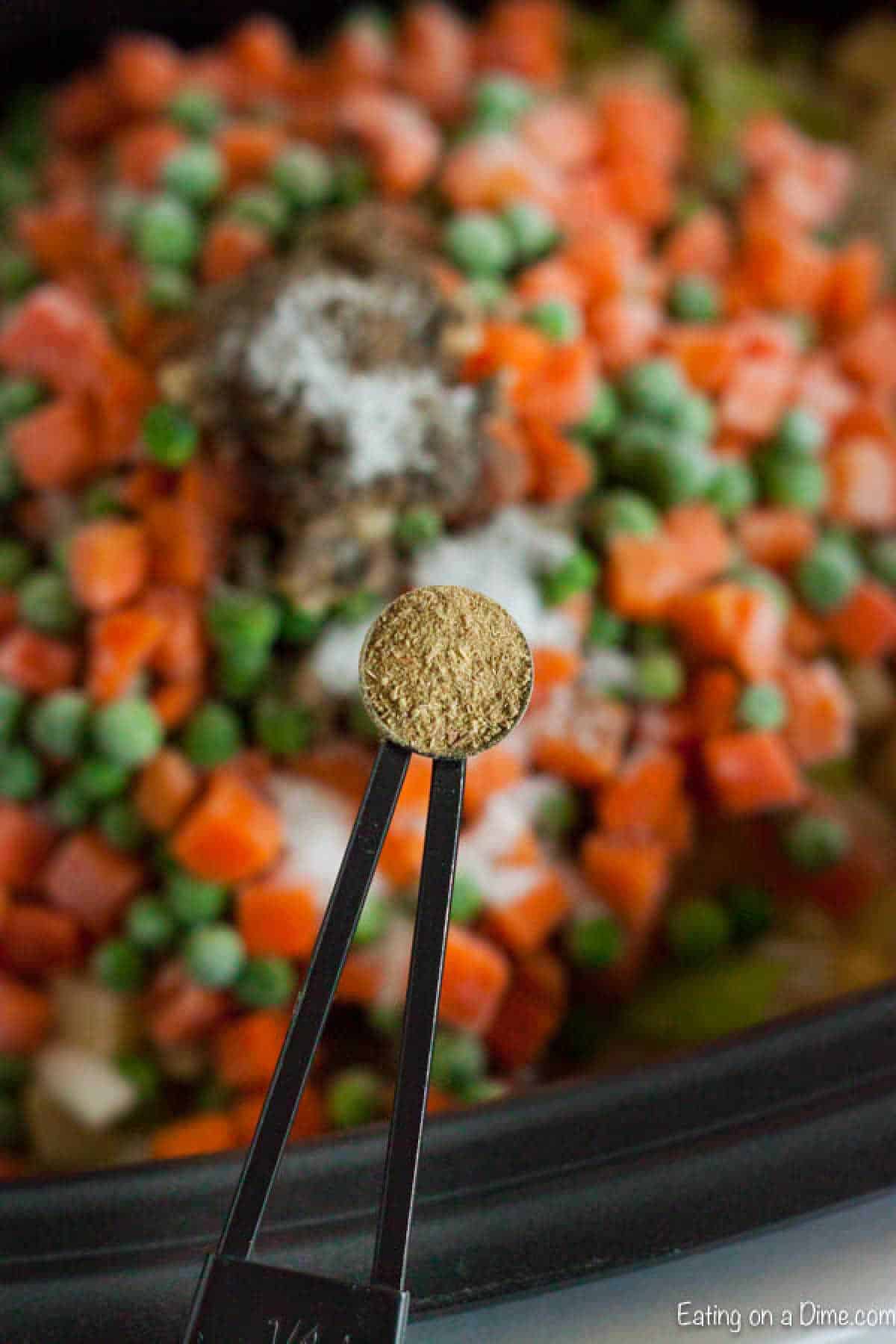 Teaspoon of seasoning and in the background of crockpot of diced veggies and seasoning