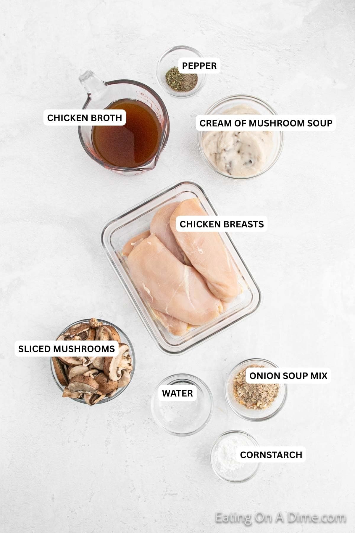 Ingredients for recipe: chicken breasts, mushrooms, onion soup mix, cornstarch, chicken broth, cream of mushroom soup and pepper.