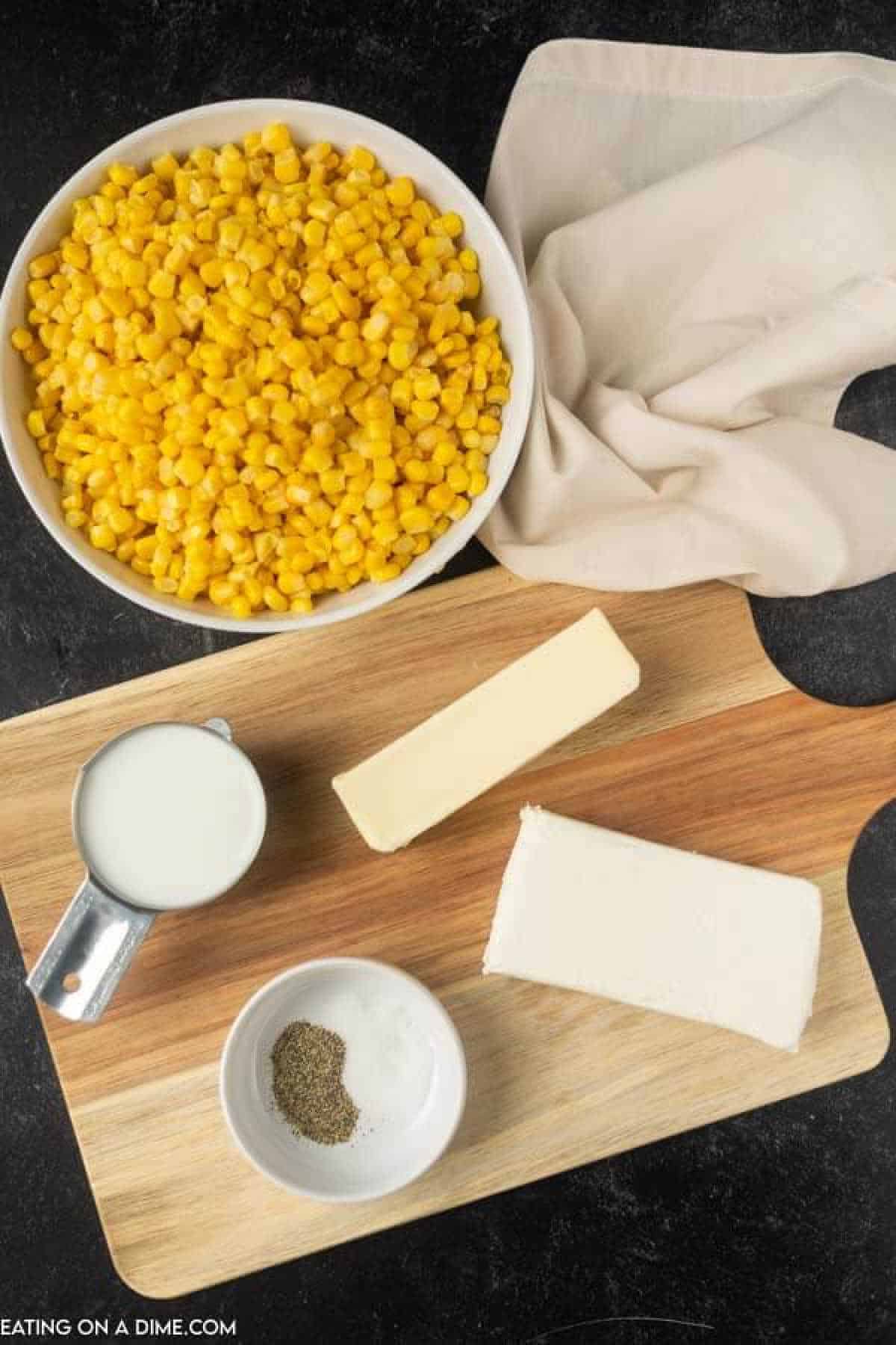 Ingredients - corn kernels, milk, cream cheese, butter, sugar, salt, pepper
