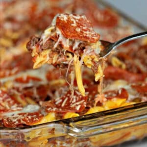 Gluten free pizza casserole being served.
