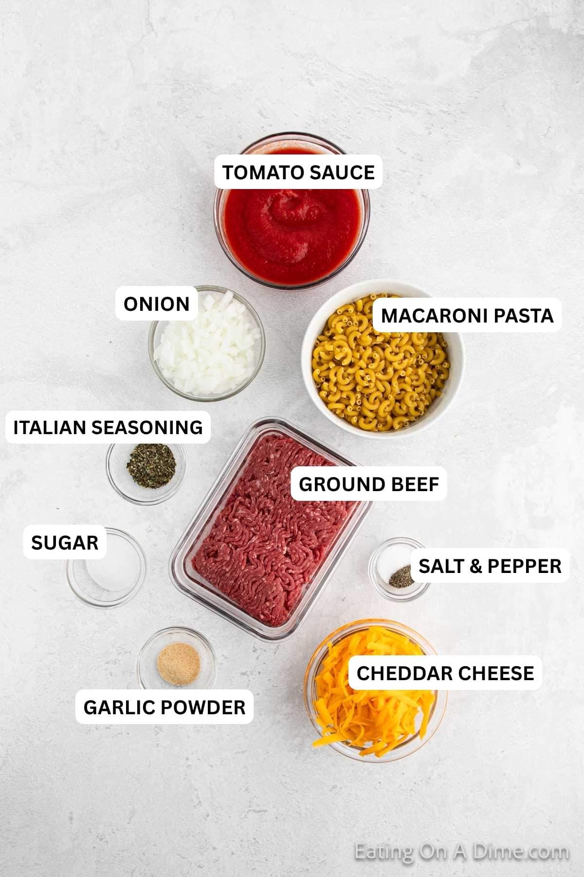 Ingredients for recipe - tomato sauce, macaroni pasta, onion, Italian seasoning, sugar, salt and pepper, cheddar cheese, garlic powder.
