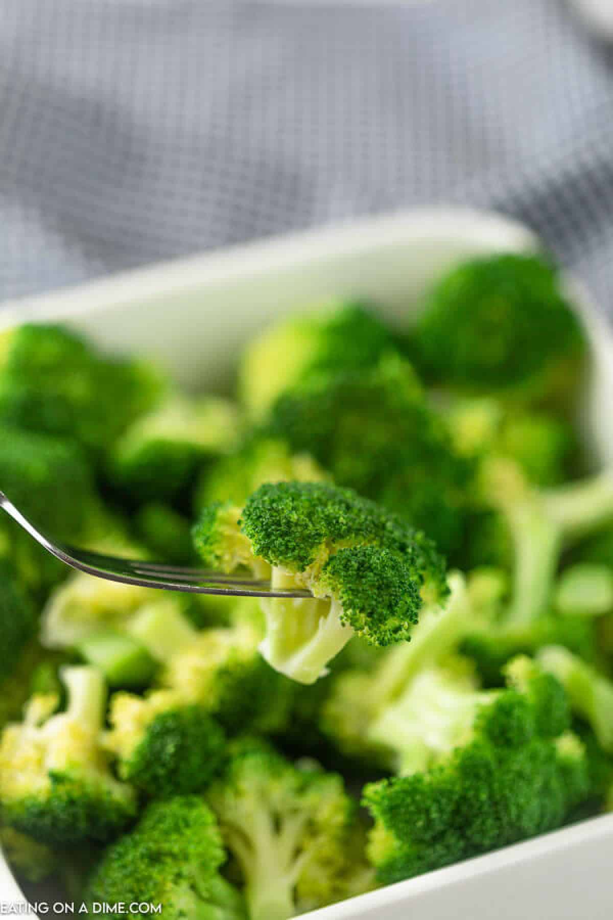 Steamed broccoli in a white dish with a piece of broccoli on a fork