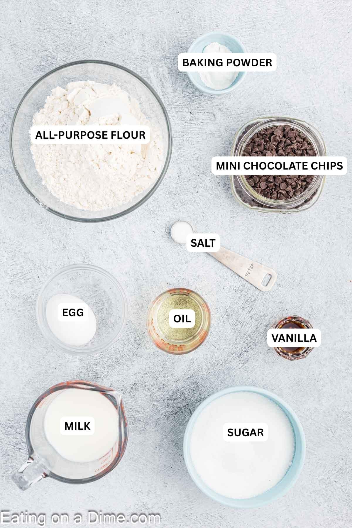 Enjoy Chocolate chip mini muffins recipe for breakfast or a delicious snack. Lots of ooey gooey chocolate make this a tasty treat. Ingredients for recipe: baking powder, flour, mini chocolate chips, salt, egg, oil, vanilla, milk and sugar.
