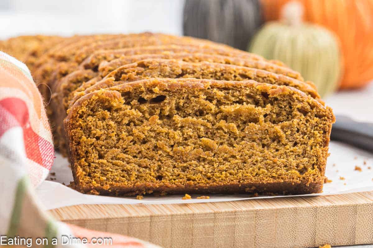 Slice pumpkin bread on a cutting board