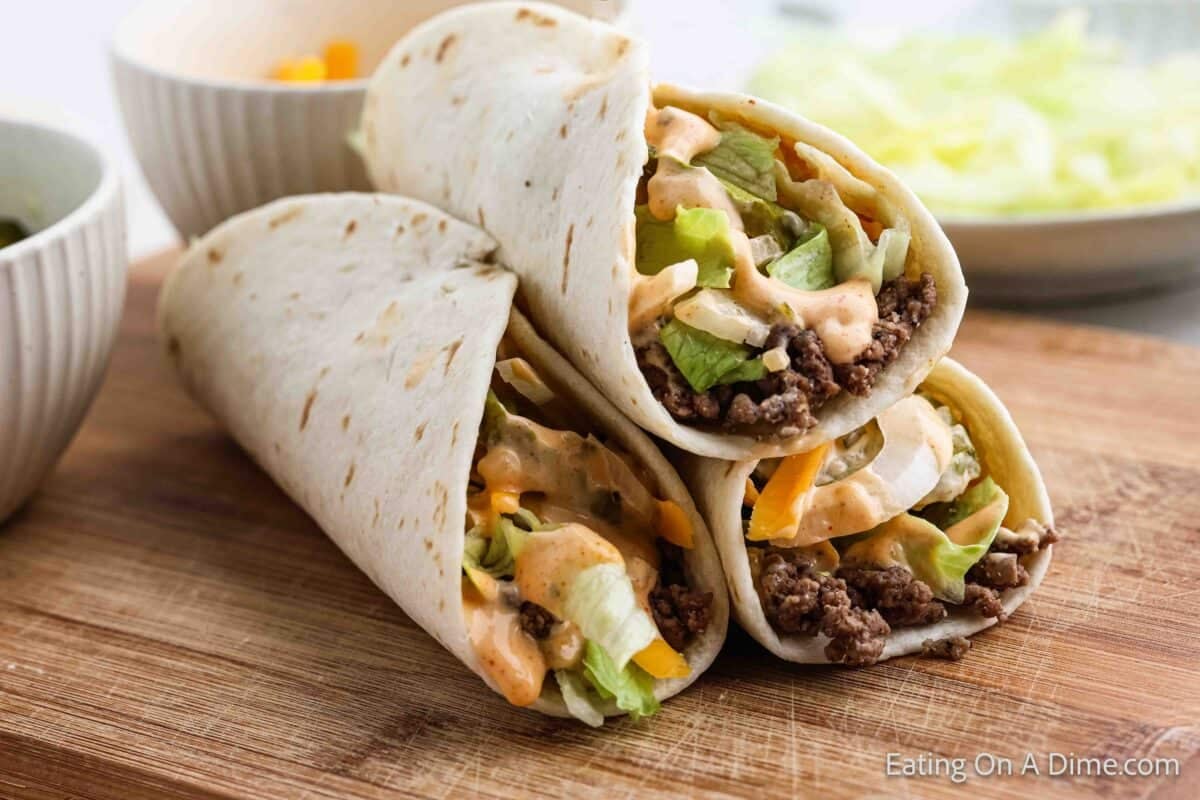 A Close up of a big mac wrap recipe with the copycat Mcdonald's big mac sauce.