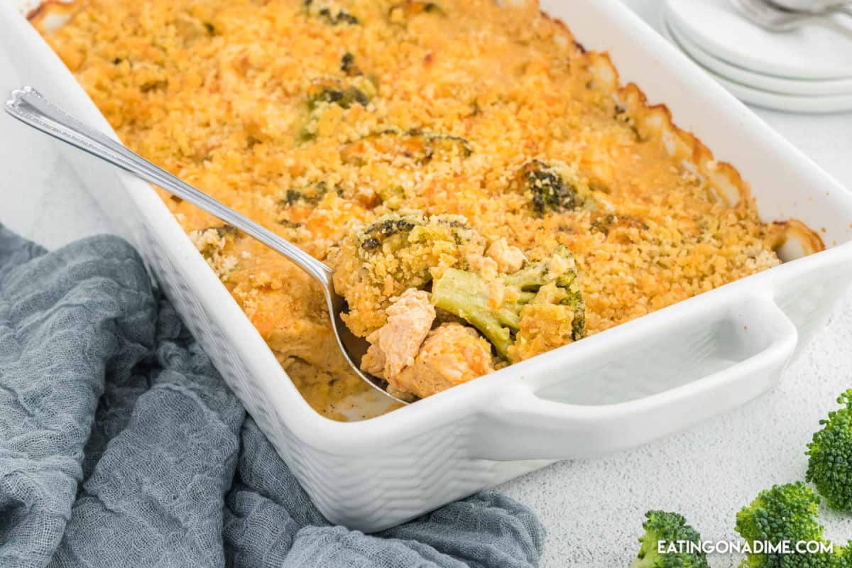 Chicken Divan in a baking dish.