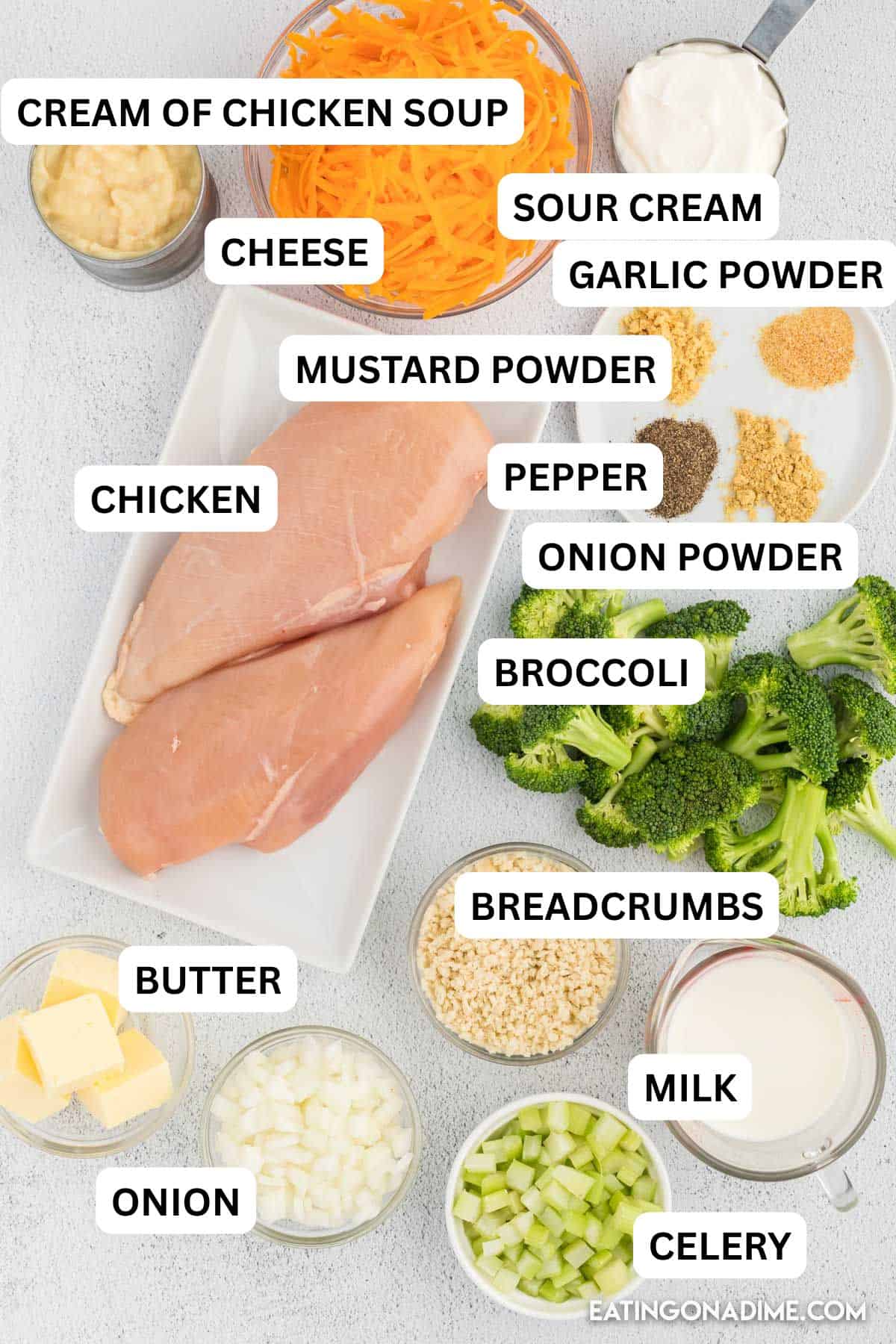 Ingredients for recipe: butter, chicken, onion, celery, broccoli, cream of chicken, sour cream, milk, garlic powder, pepper, onion powder, mustard powder, cheese, breadcrumbs.