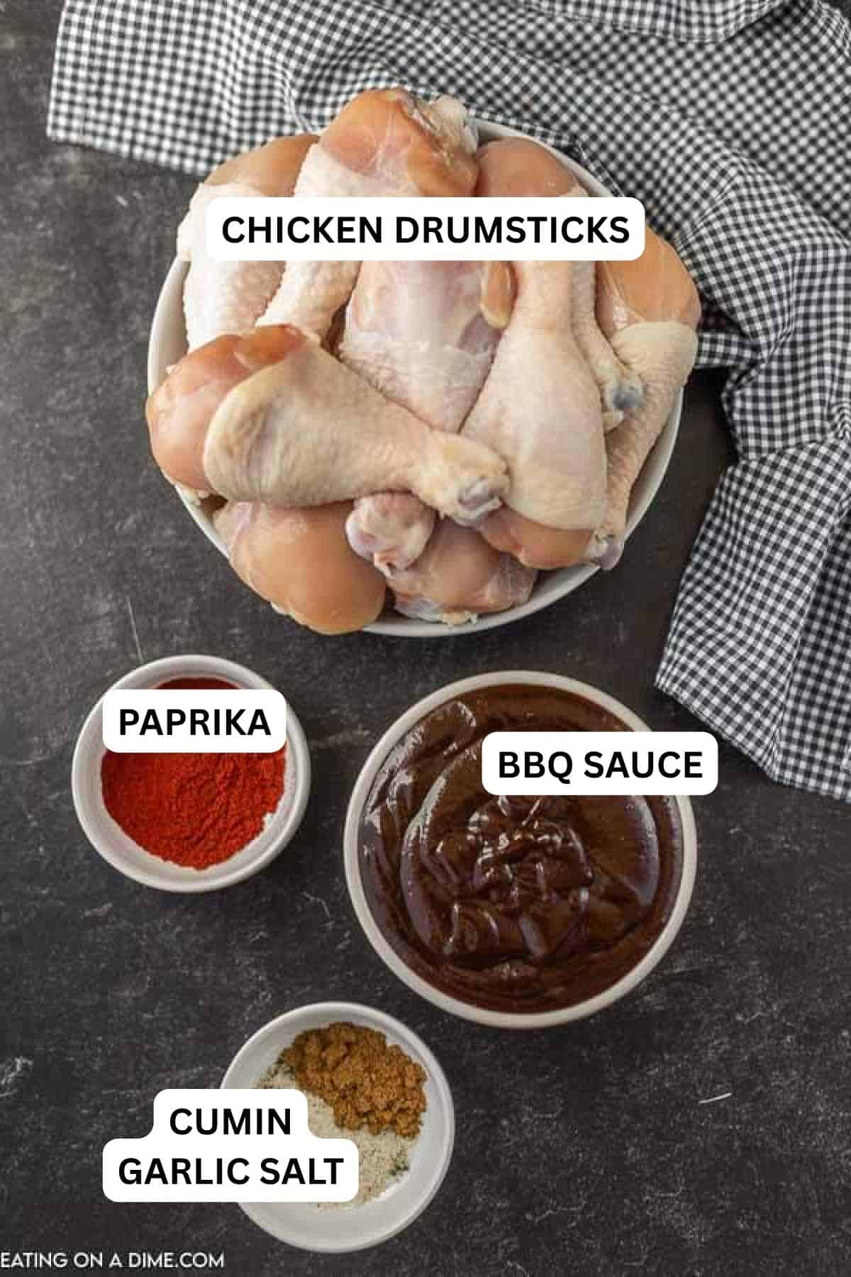 Ingredients for recipe: chicken drumsticks, paprika, BBQ Sauce, cumin and garlic salt. 