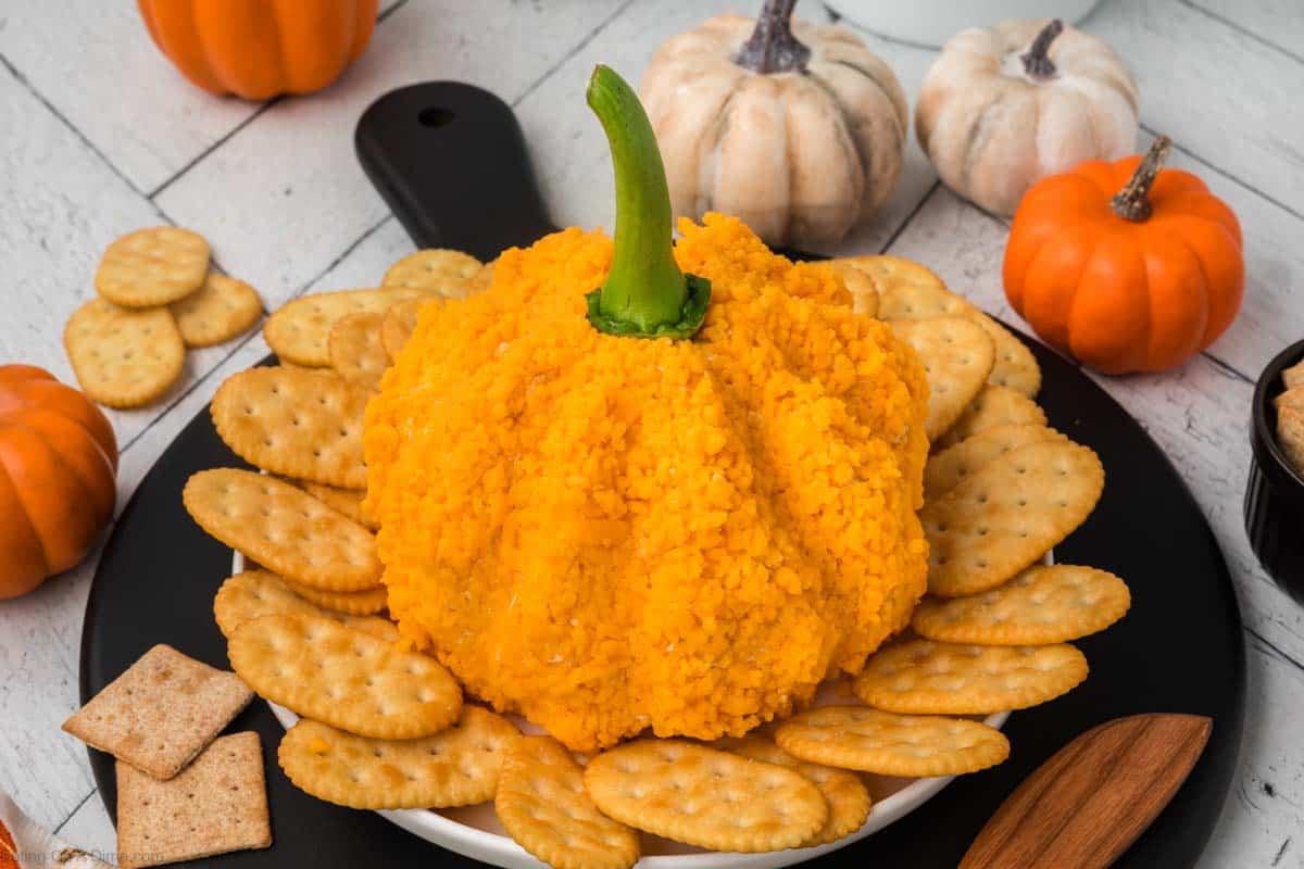 A pumpkin-shaped cheeseball, surrounded by various types of crackers on a white plate, sits on a black serving board. Small orange and white decorative pumpkins in the background accentuate the festive display on a white wood surface.