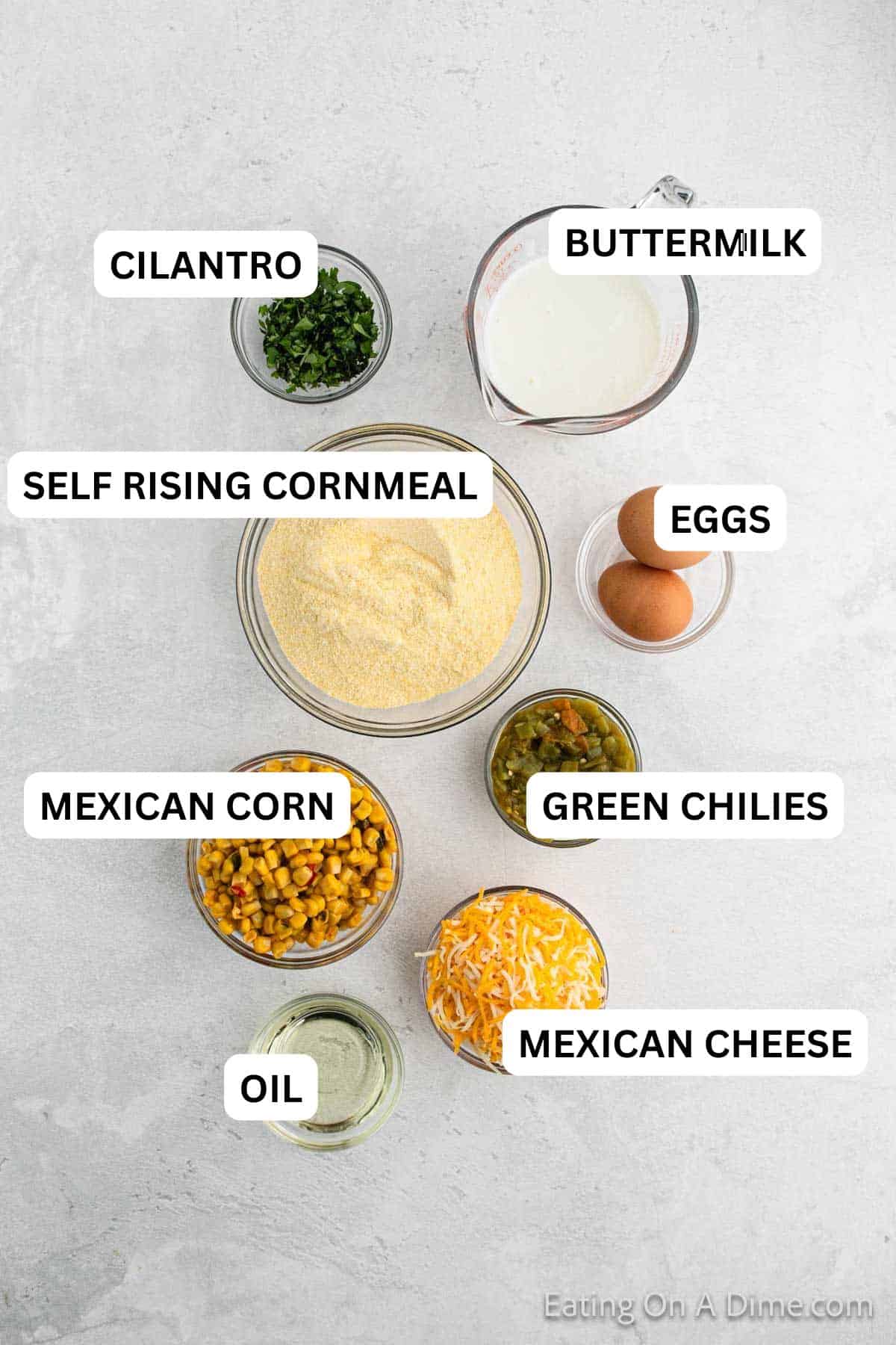Ingredients for recipe: Self Rising Cornmeal, oil, buttermilk, eggs, Mexican Corn, Mexican Cheese Blend, Green Chilies and Fresh Cilantro.
