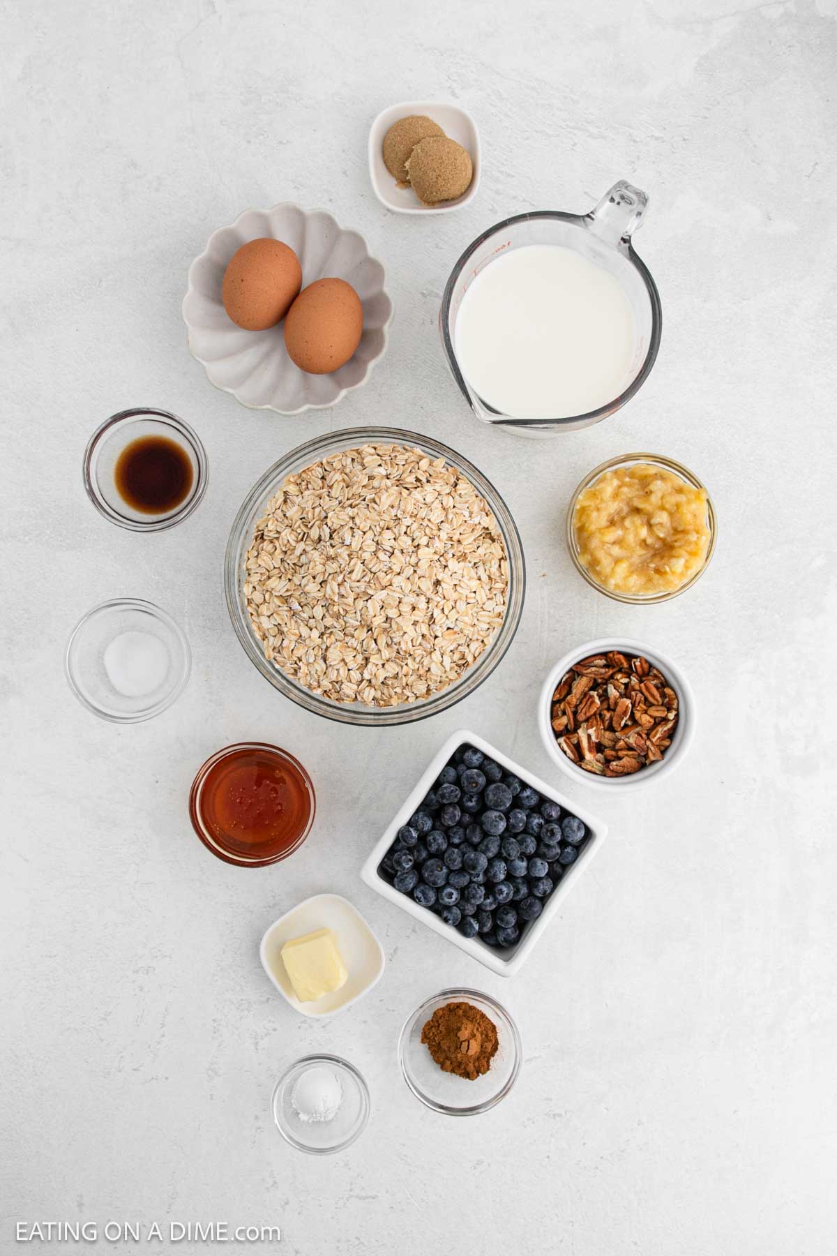Ingredients - Bananas, milk, maple syrup, eggs, butter, brown sugar, vanilla extract, oats, baking powder, cinnamon, salt, pecans, blueberries