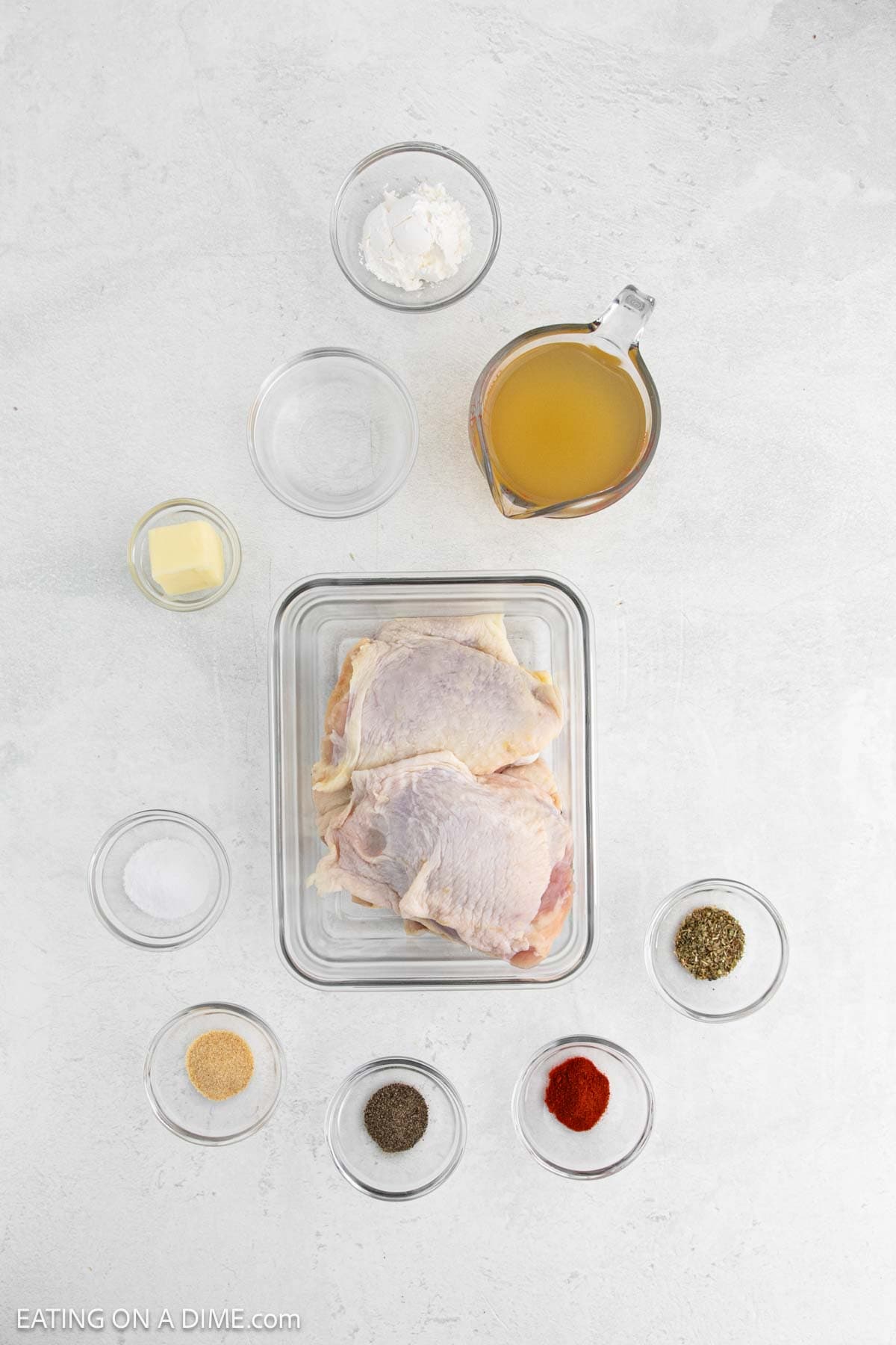 Ingredients - Chicken thighs, oregano, paprika, garlic powder, salt, pepper, butter, chicken broth, cornstarch, water