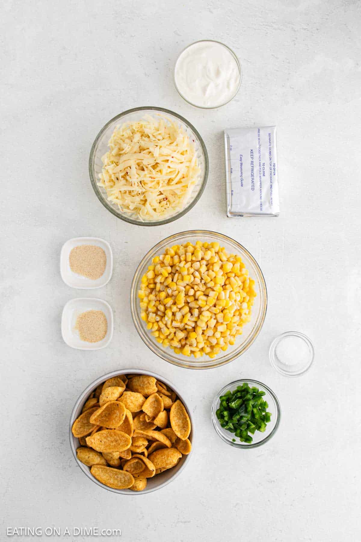 Ingredients - Corn Kernels, jalapeno, salt, garlic powder, onion powder, cream cheese, sour cream, pepper jack cheese, fritos