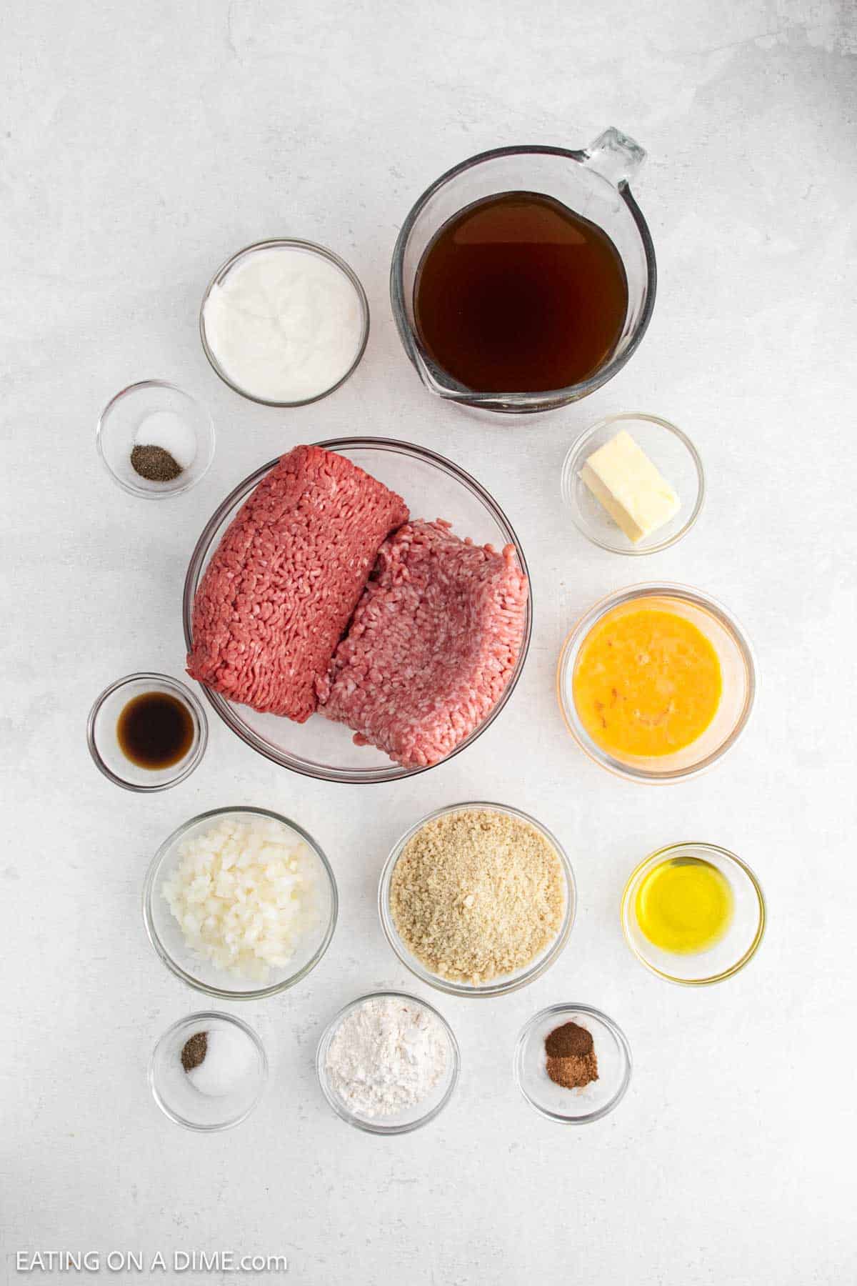 Ingredients - Ground Beef, Ground Pork, onion, breadcrumbs, eggs, salt, allspice, nutmeg, pepper, olive oil, butter, flour, beef broth, worcestershire sauce, sour cream