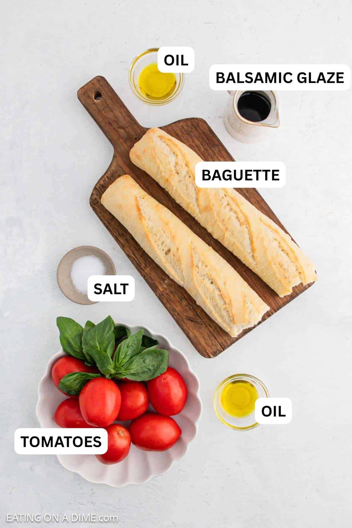 Ingredients needed to make this recipe includes baguette, tomatoes, salt, basil, olive oil and balsamic glaze.