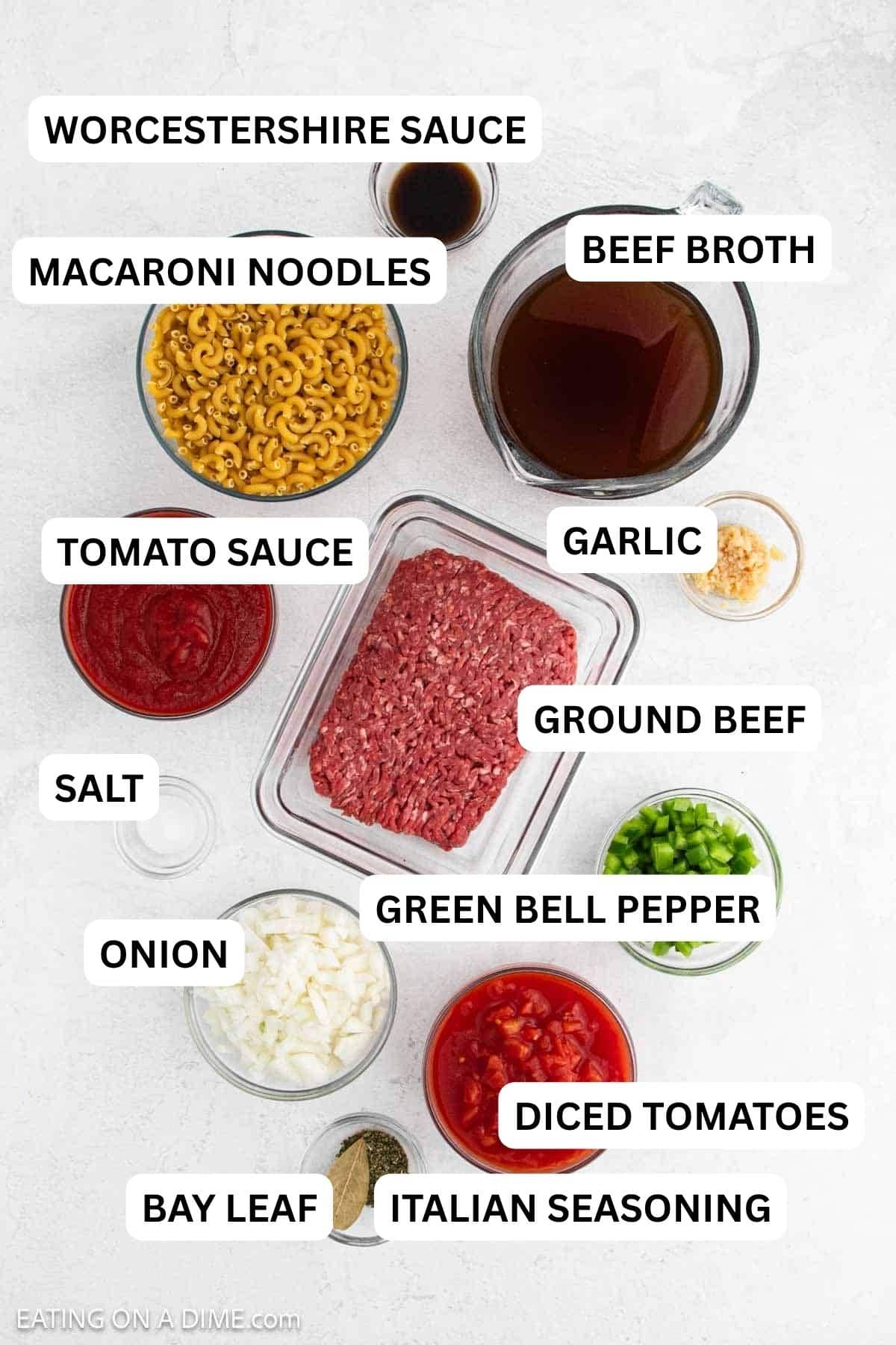 Ingredients needed to make this recipe which includes Ground Beef, onion, green bell pepper, garlic, tomato sauce, diced tomatoes, beef broth, worcestershire sauce, salt, and more.
