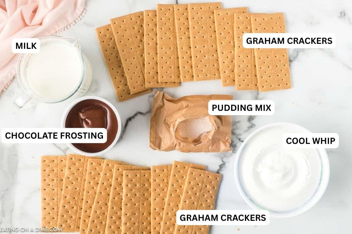 Ingredients needed to make this recipe which includes Graham Crackers, Chocolate Frosting, Vanilla Pudding Mix, Milk, and Cool Whip.