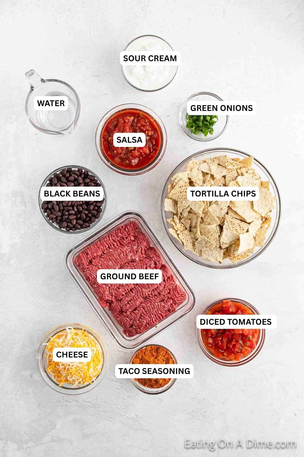Ingredients for recipe: sour cream, water, salsa, green onions, tortilla chips, ground beef, black beans, diced tomatoes, taco seasoning and cheese.