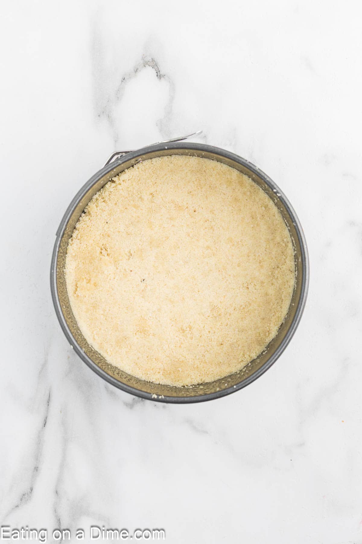 A round springform pan filled with an even layer of light-colored, crumbly cottage cheese cheesecake crust sits on a white marble surface.