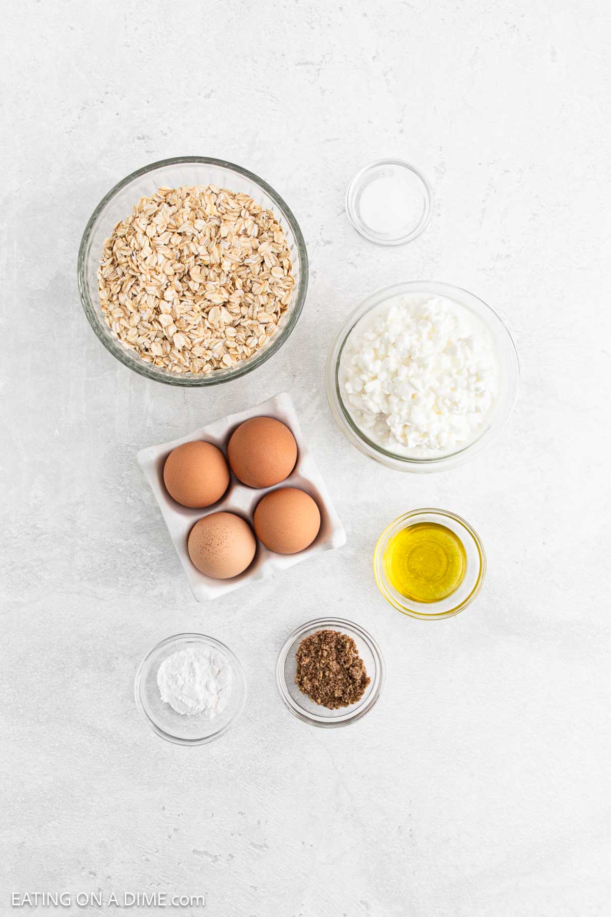 Ingredients - Roll Oats, Cottage Cheese, flax seed, eggs, olive oil, baking powder, salt