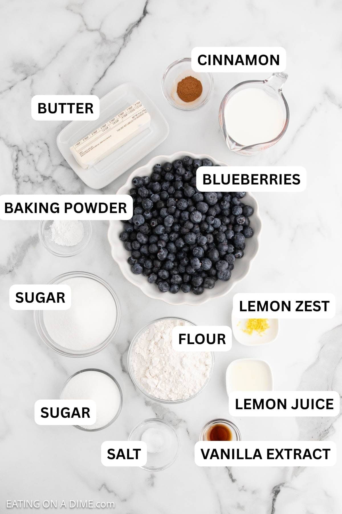 Ingredients needed to make this recipe includes Blueberries, sugar, lemon juice, lemon zest, cinnamon, butter, flour, baking powder, salt, milk, and vanilla extract.