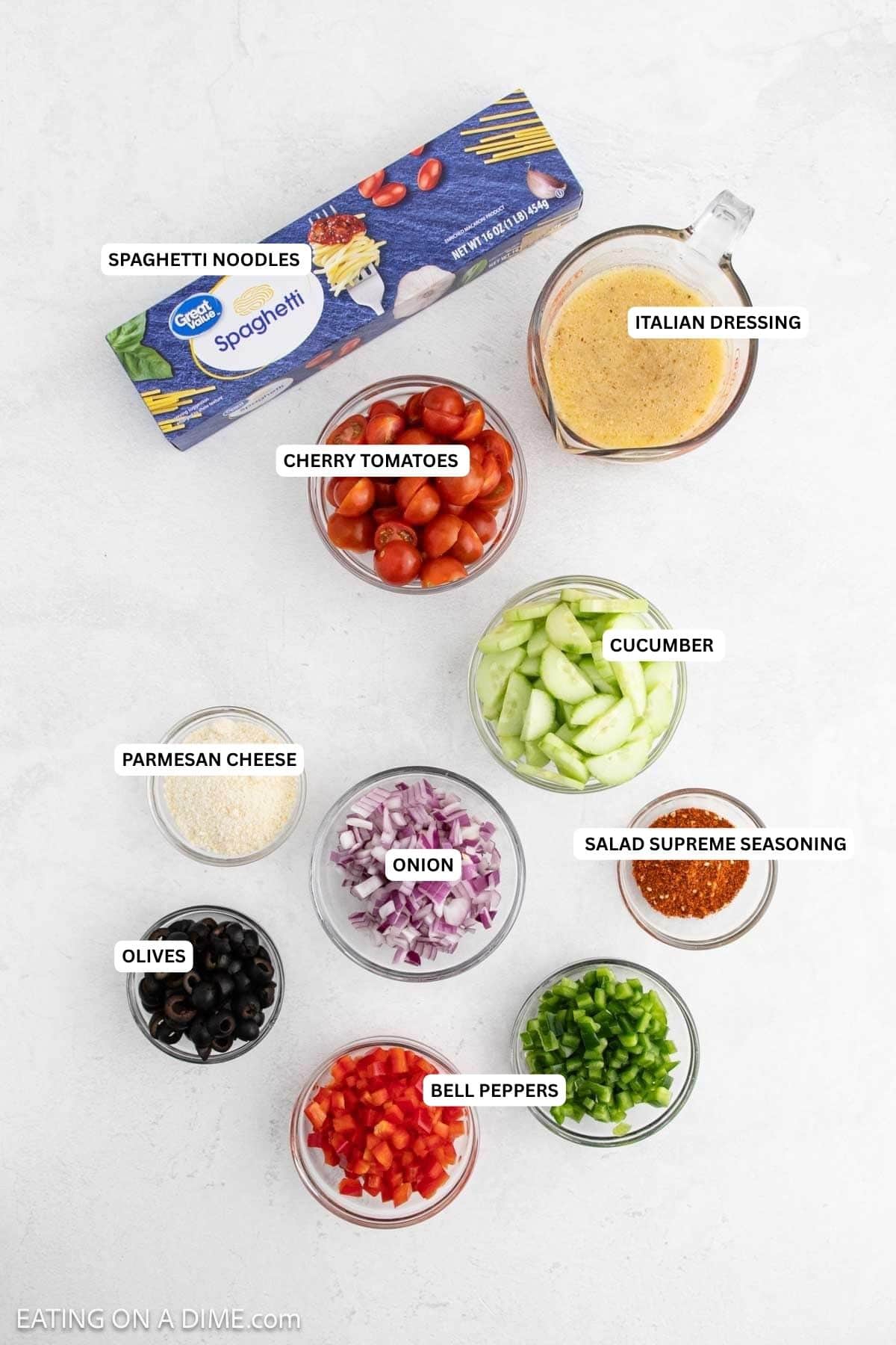 Ingredients for recipe: Italian dressing, cherry tomatoes, spaghetti noodles, cucumber, parmesan cheese, onion, salad supreme seasoning, olives and bell peppers.