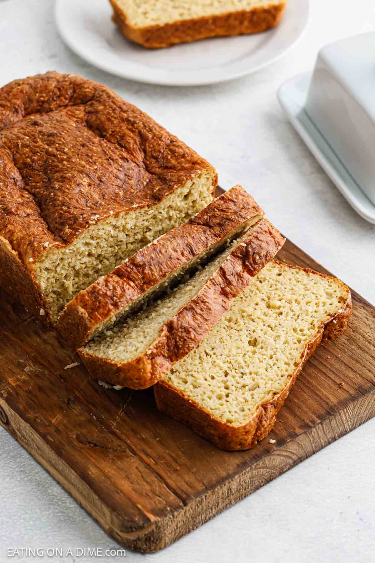 Cottage Cheese Bread on a cutting board sliced