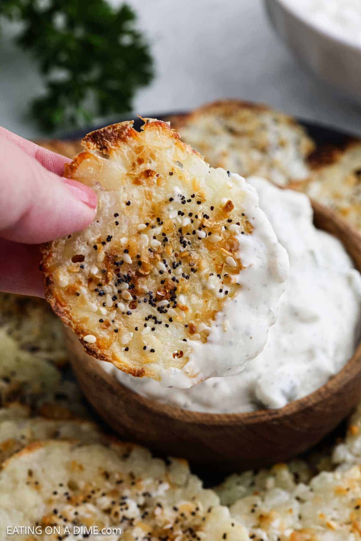 A hand holds a crispy, round Cottage Cheese Chip topped with seasoning above a bowl of creamy white dip. More seasoned chips are on a plate in the background.