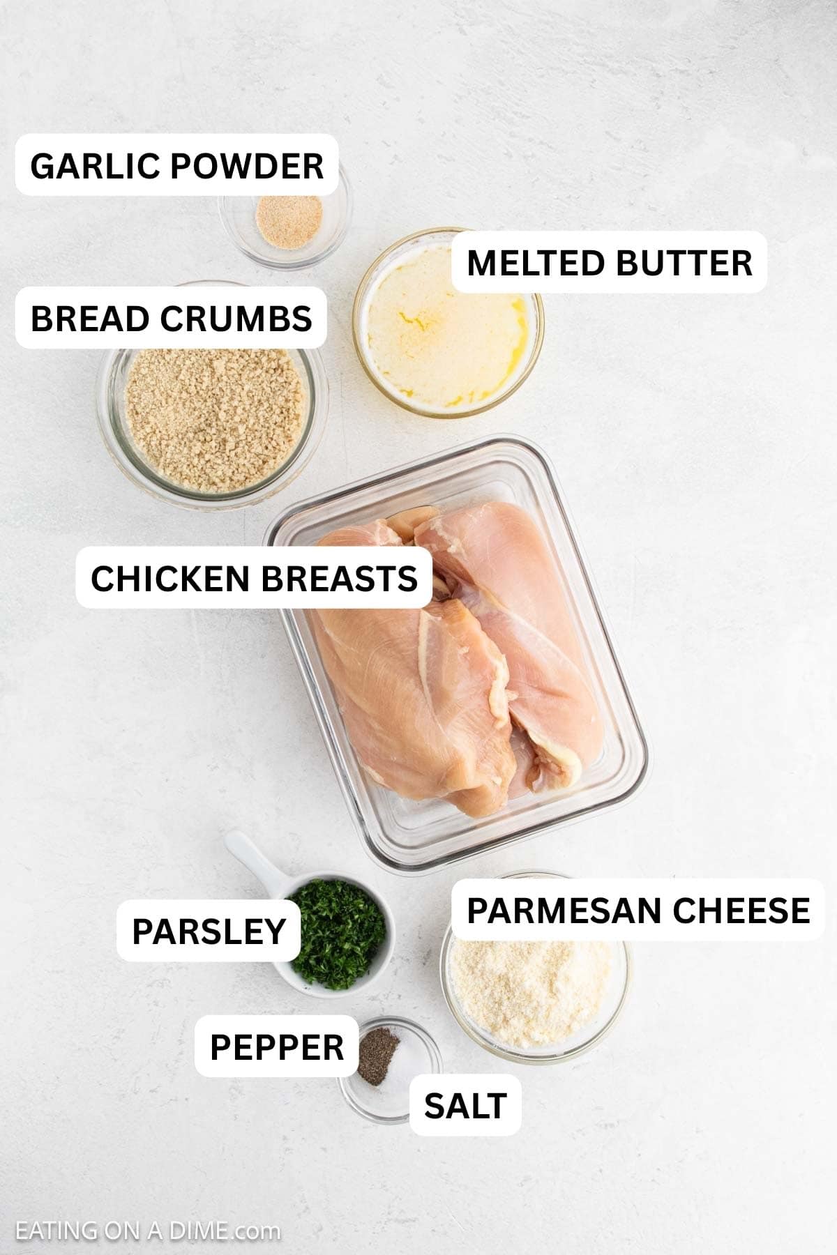Ingredients needed to make this recipe includes Chicken, butter, breadcrumbs, parmesan cheese, parsley, salt, pepper, garlic powder.
