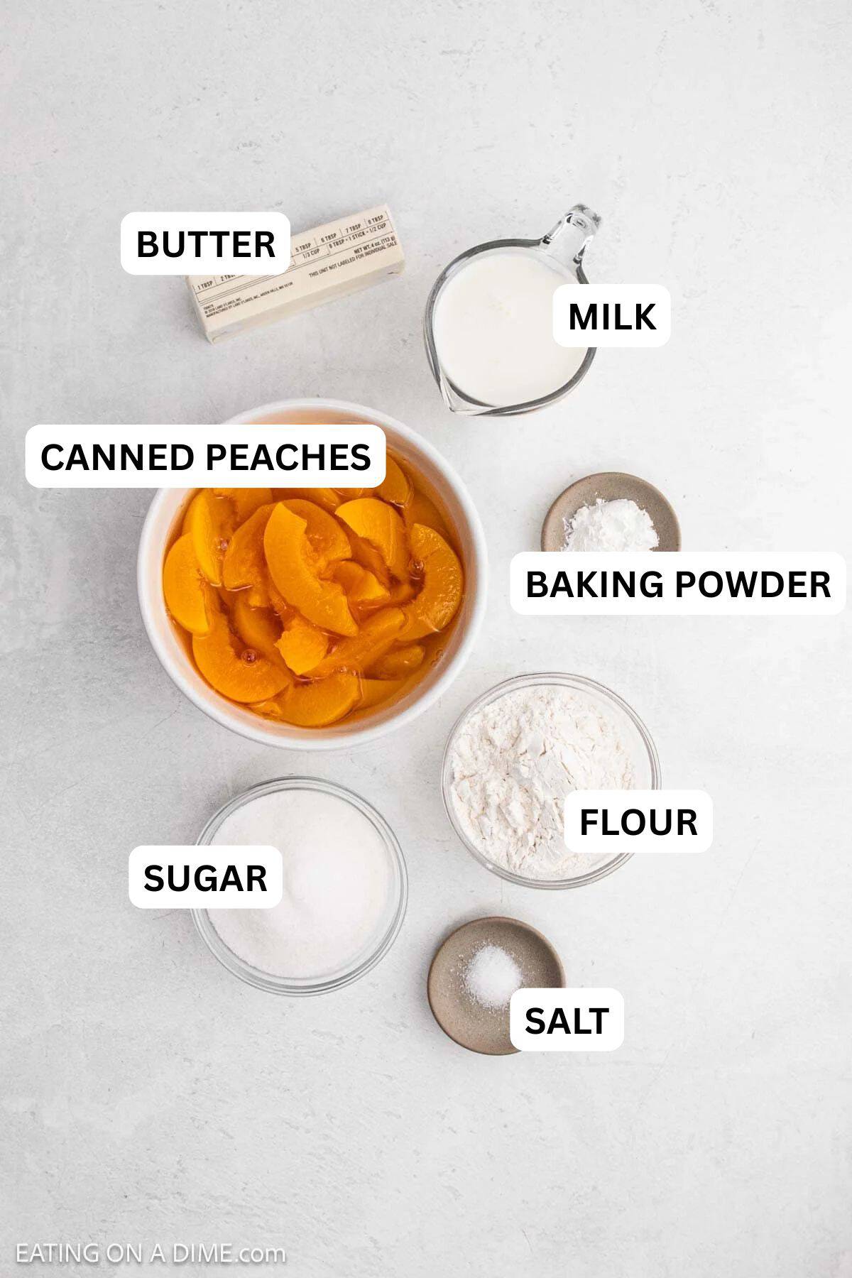 Ingredients needed for this recipe includes peaches, flour, sugar, milk, baking powder, butter and salt.
