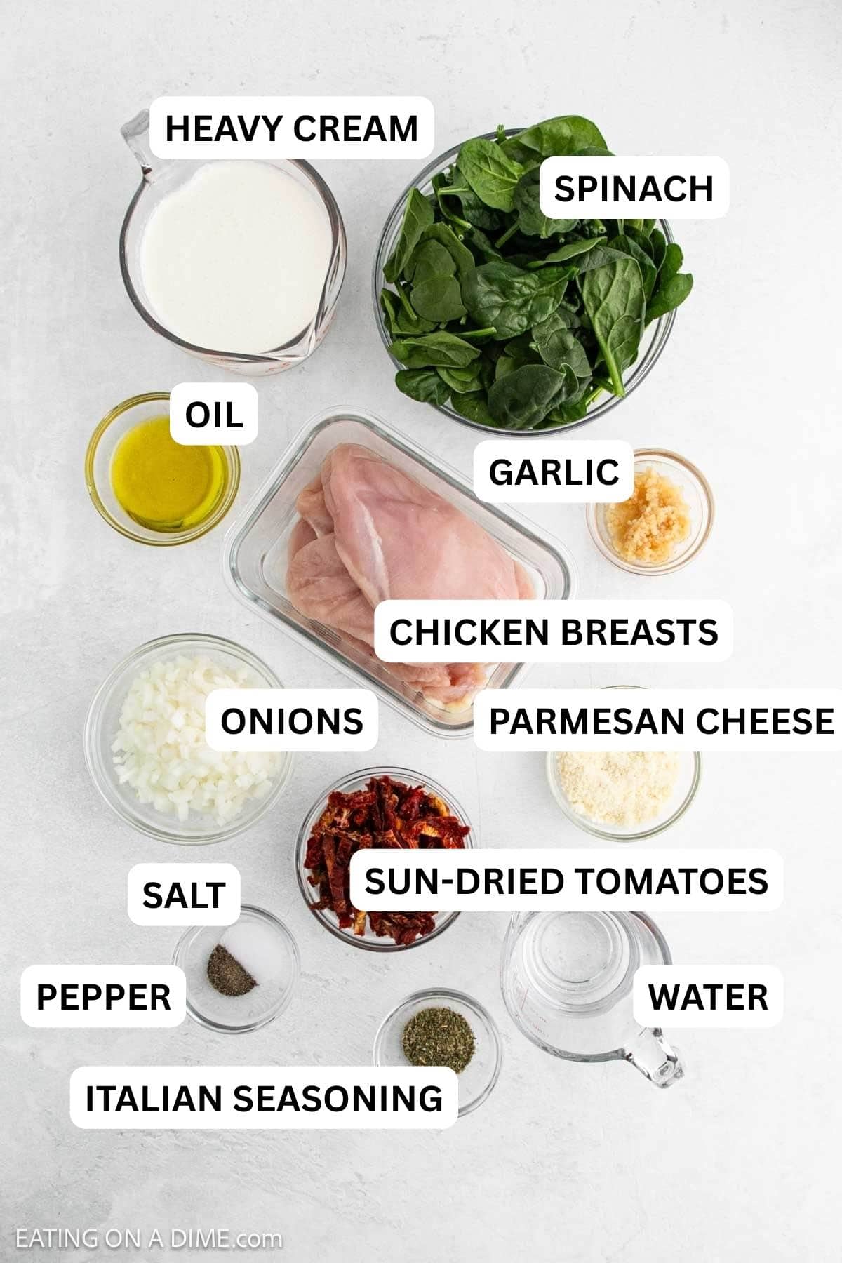 Top-down view of ingredients for a Tuscan Chicken Recipe: raw chicken breasts, fresh spinach, milk, olive oil, minced garlic, chopped onions, grated parmesan cheese, sun-dried tomatoes, black pepper, Italian seasoning, and water.