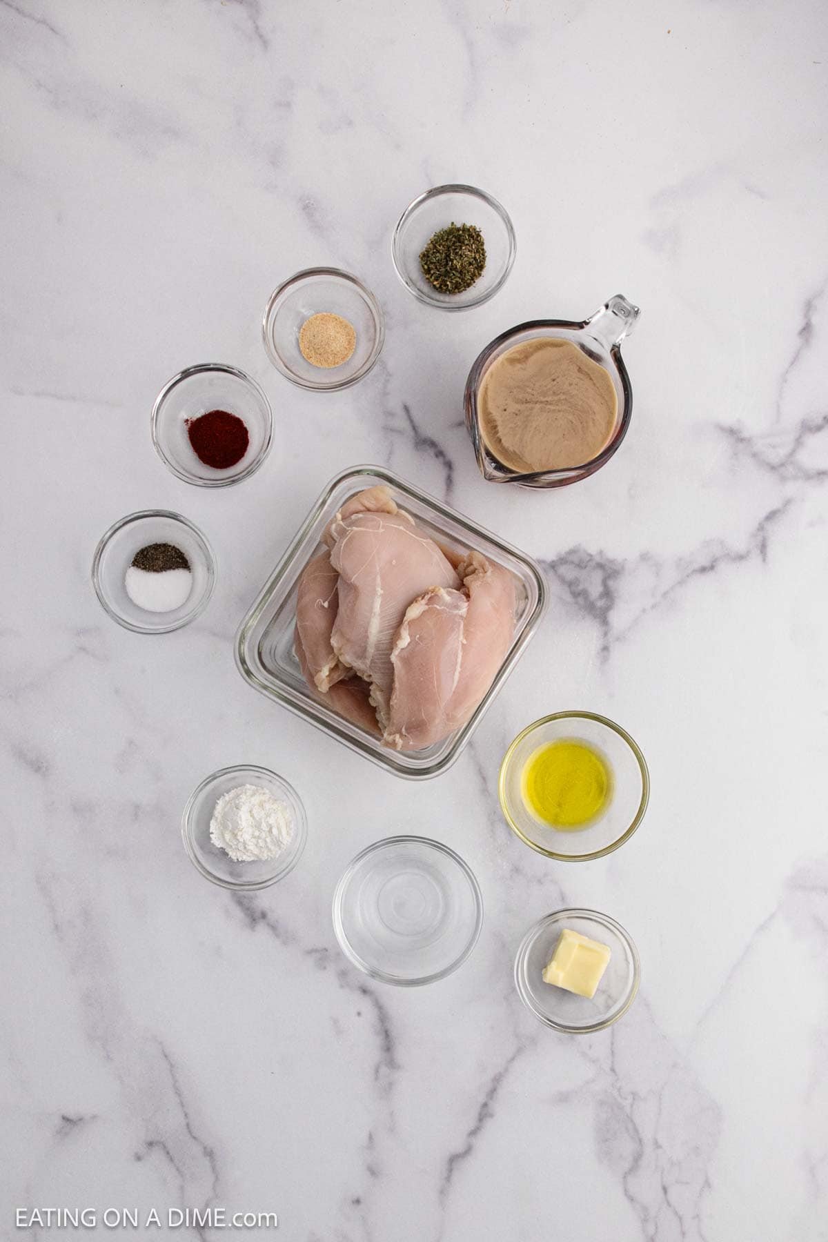 Ingredients - Italian Seasoning, paprika, garlic powder, salt, pepper, chicken breasts, olive oil, chicken broth, butter, cornstarch, water
