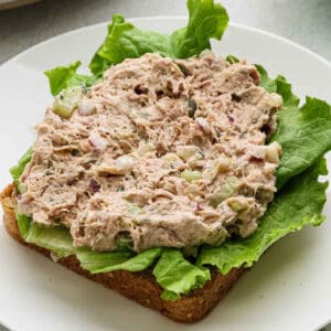 An open-faced tuna salad sandwich with green lettuce on whole wheat bread, served on a white plate.